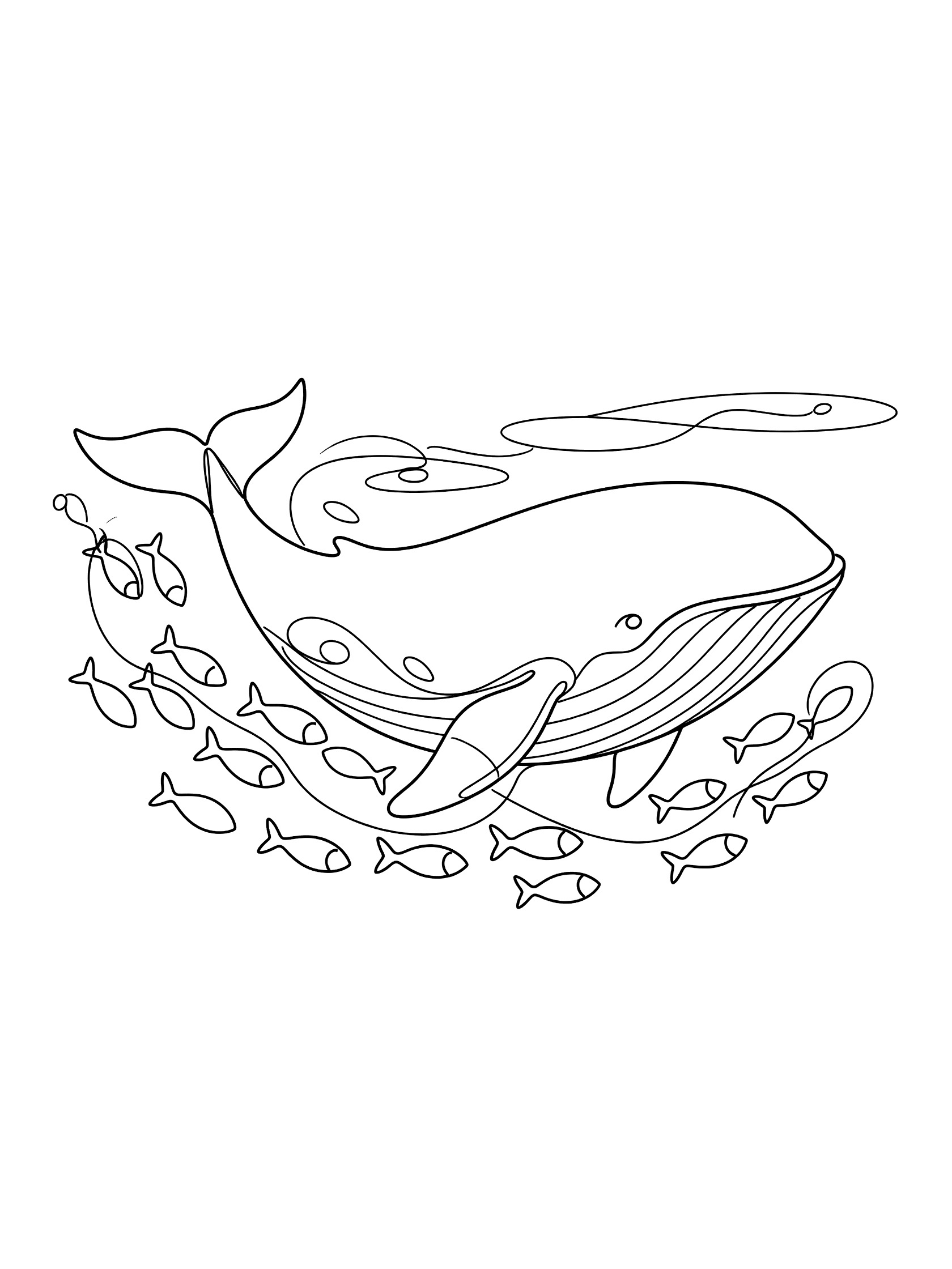 Black and white coloring page of a whale swimming with small fish around it