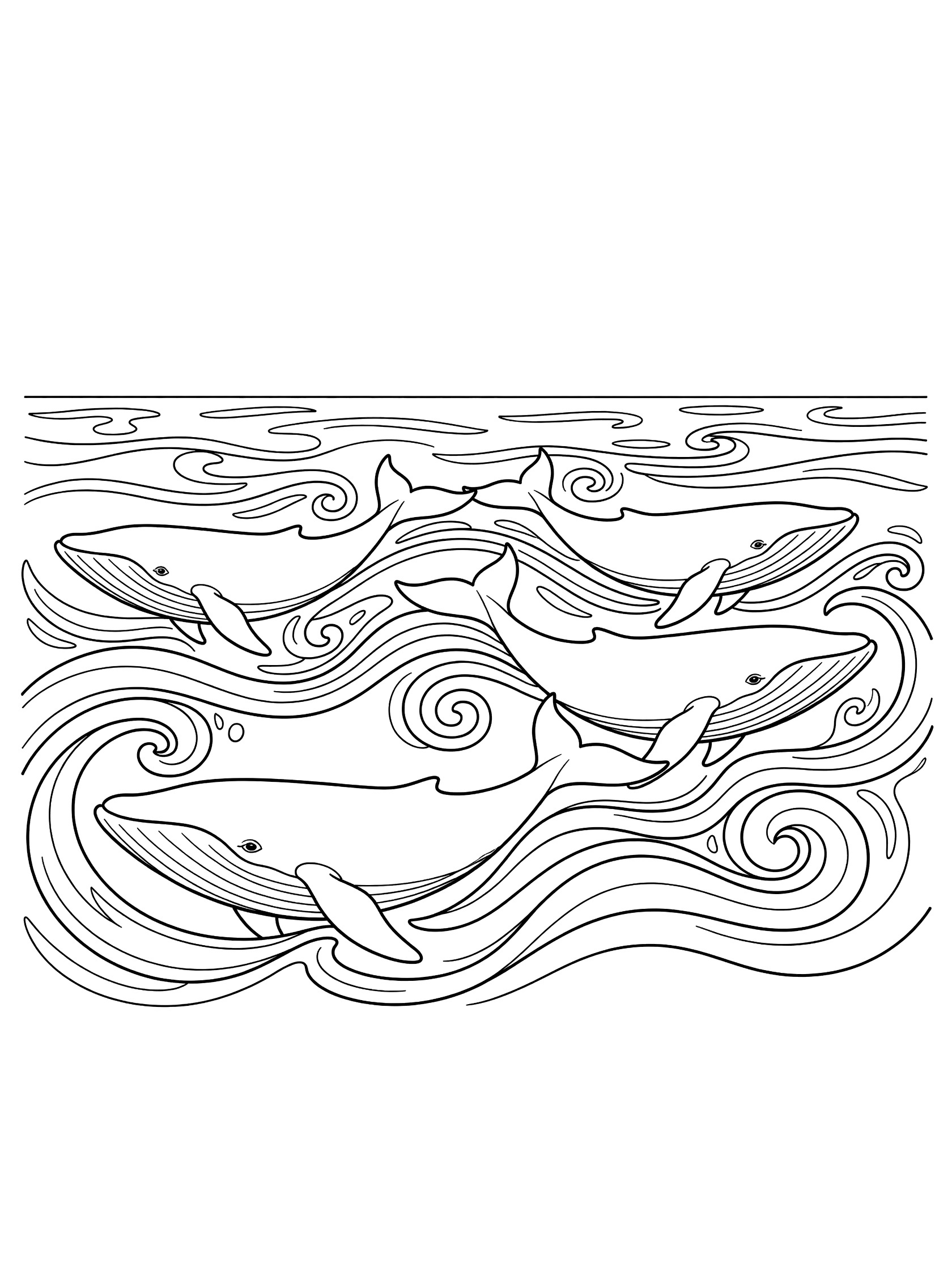 Black and white line art coloring page showing four whales swimming together in wavy ocean currents with swirling water patterns.