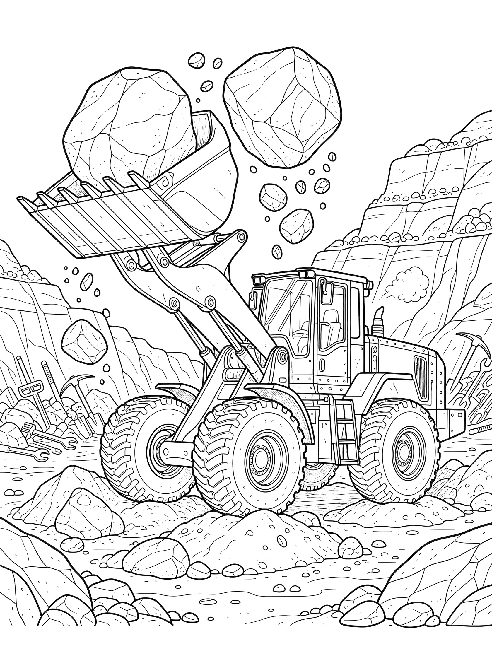 Line art coloring page showing a wheel loader with bucket full of large jagged boulders, hydraulic arms raised, big tires on rocky ground, quarry background with cliffs and tools.