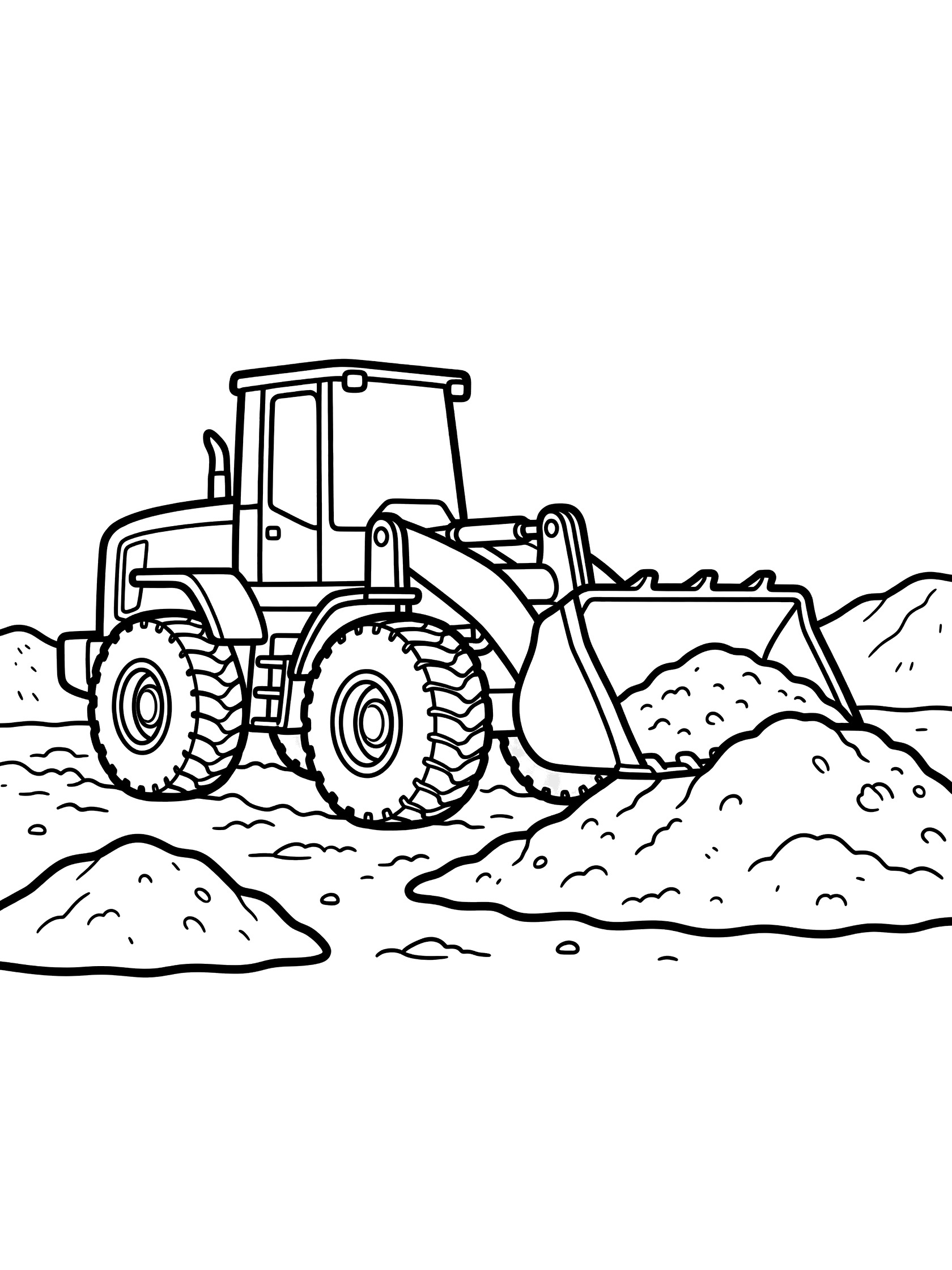 Line art coloring page of a wheel loader with raised bucket full of dirt, oversized tires on rough ground, and dirt mounds nearby