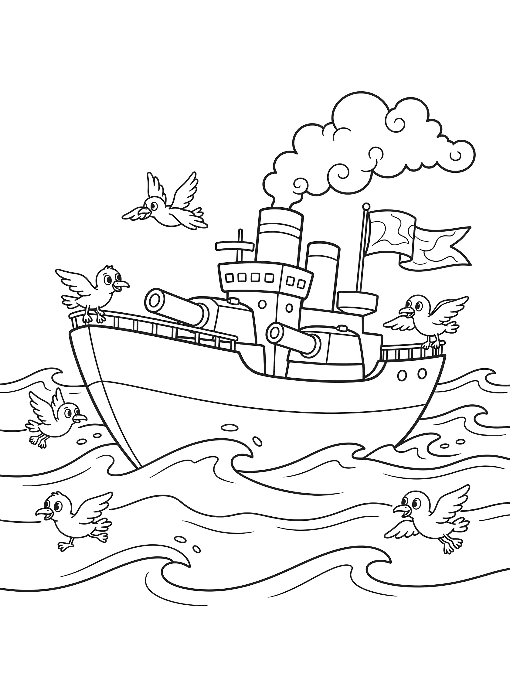 Black and white line art of a whimsical battleship with big turrets, smokestack puffing clouds, flag, seagulls perched and flying, and gentle waves.