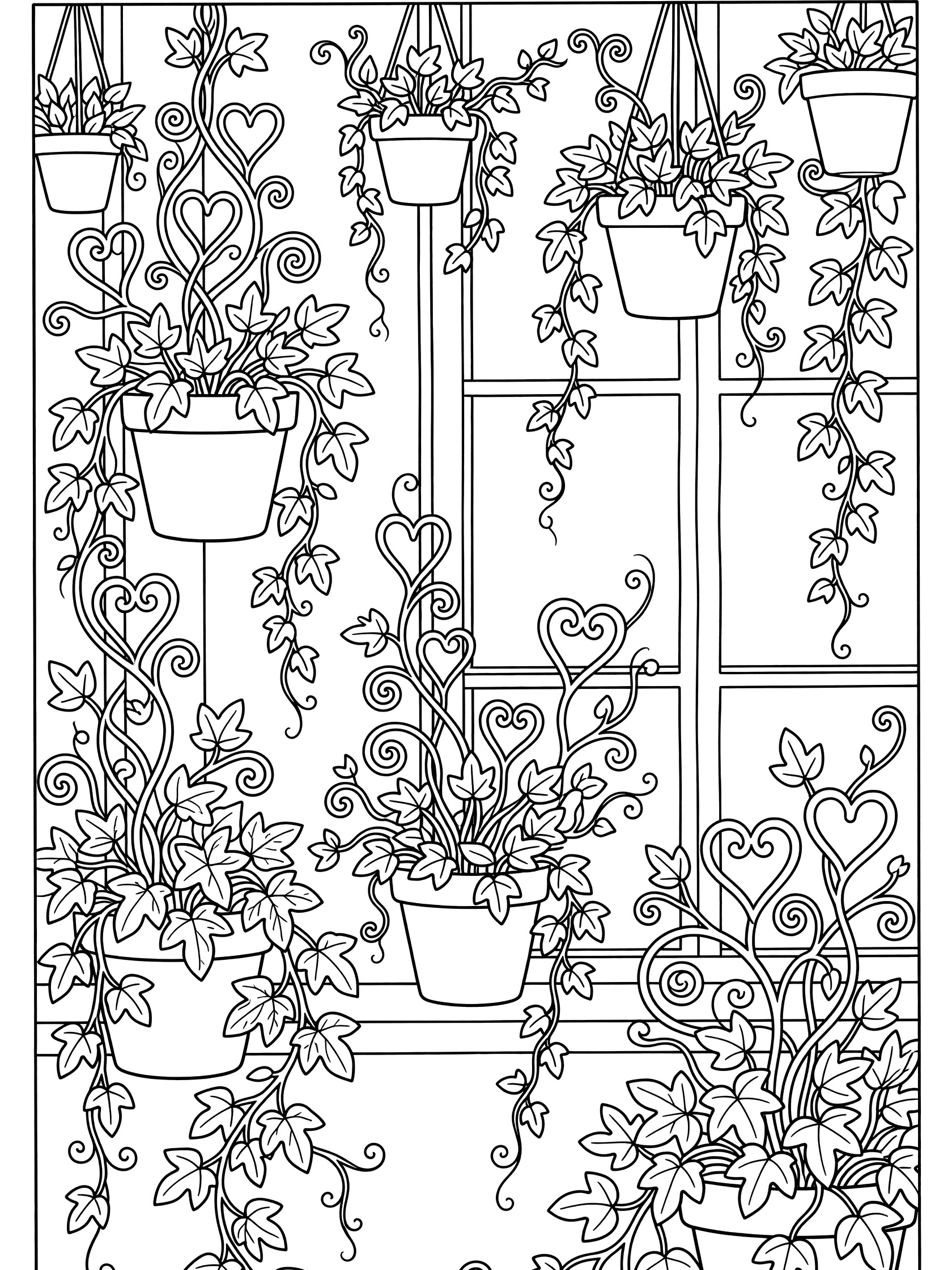 Doodle-style coloring page showing English Ivy vines curling playfully from hanging pots on a sunny windowsill with heart shapes and lobed leaves.
