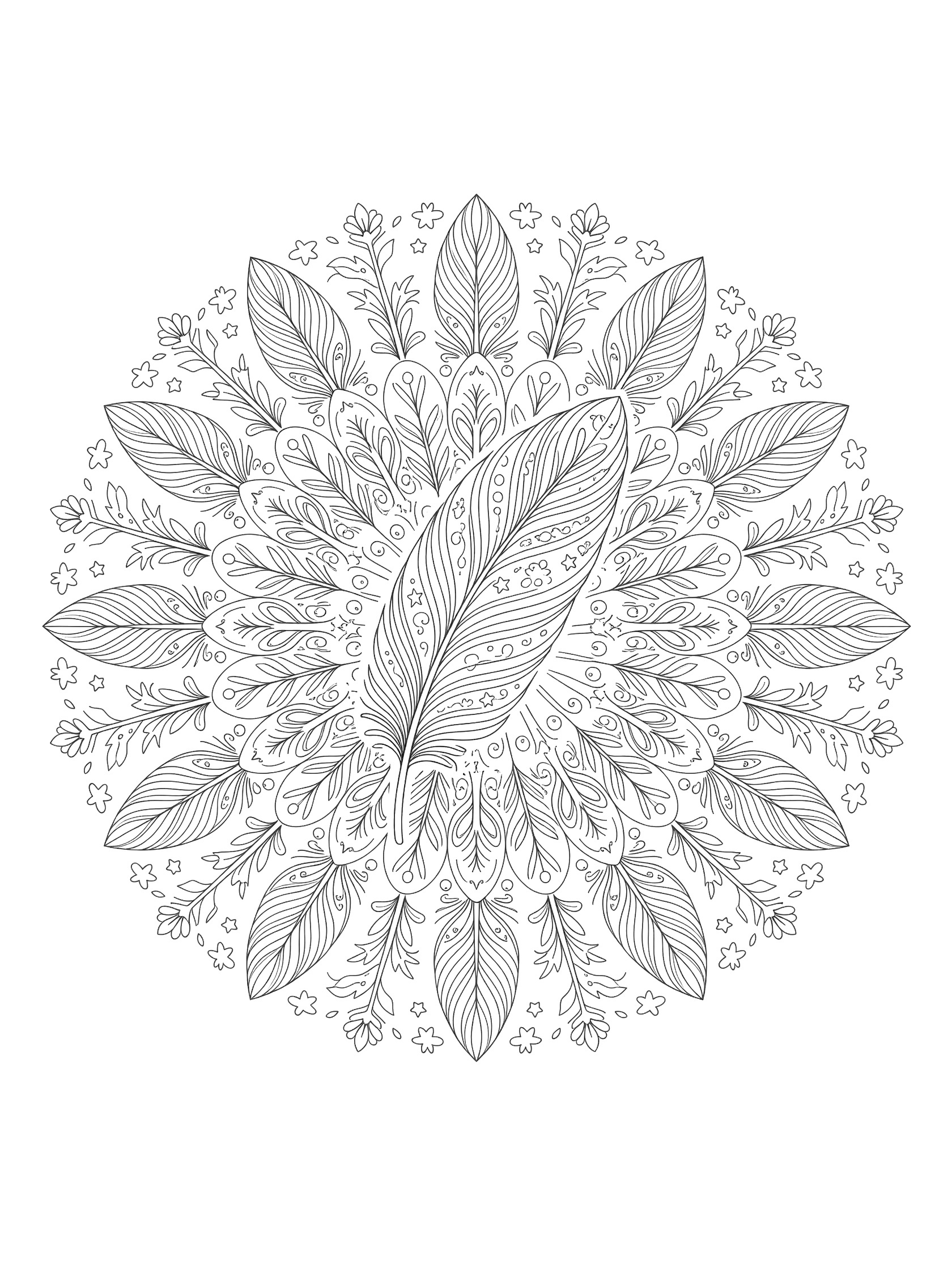 Black and white line art of a whimsical feather mandala coloring page featuring a central feather with curls, swirls, stars, vines, flowers, and birds.
