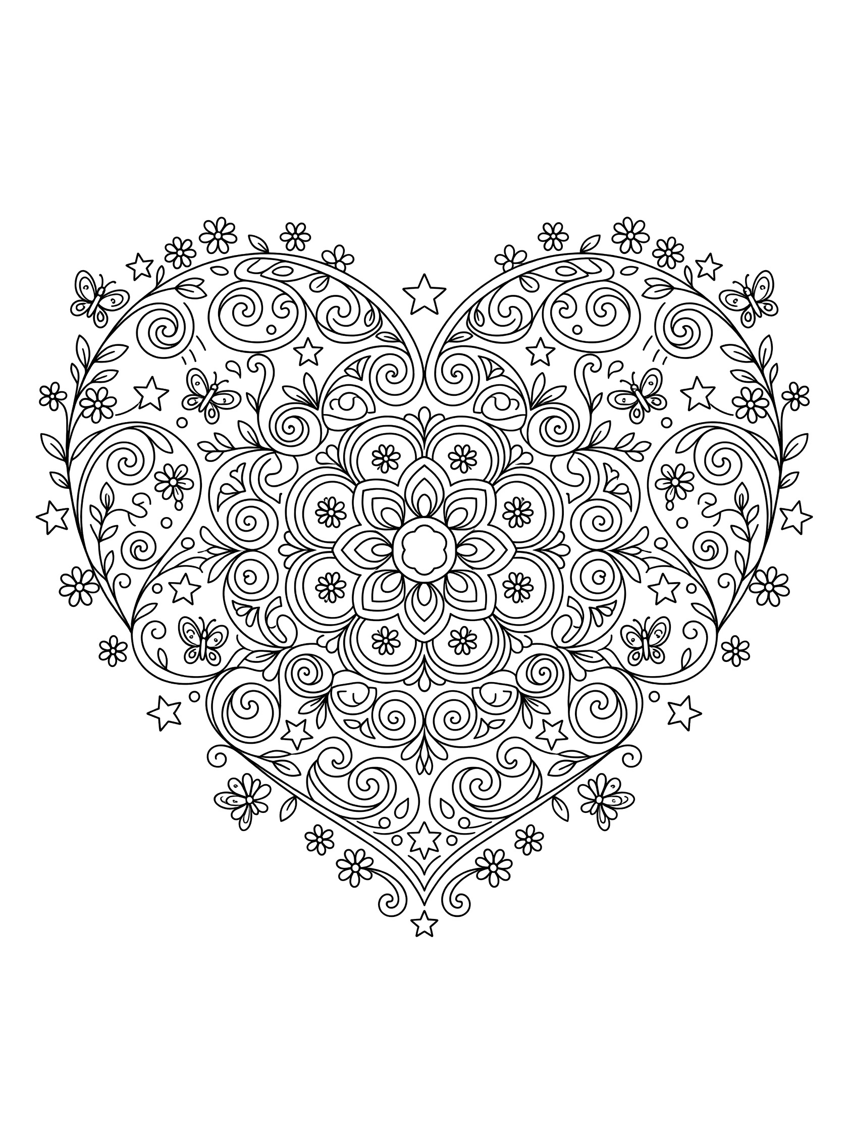 Black and white line art of a whimsical heart mandala with symmetrical patterns of vines, flowers, stars, butterflies, and dragonflies for easy coloring.