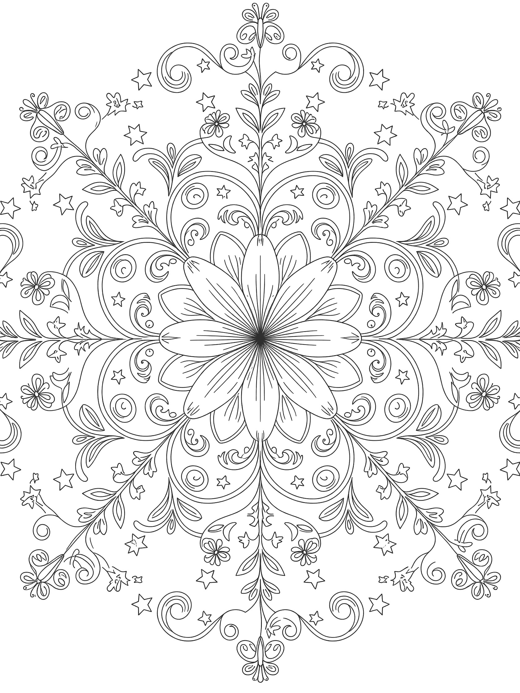 Detailed line art of a whimsical Lily Mandala featuring a central lily flower surrounded by vines, leaves, stars, and swirling patterns in perfect symmetry.