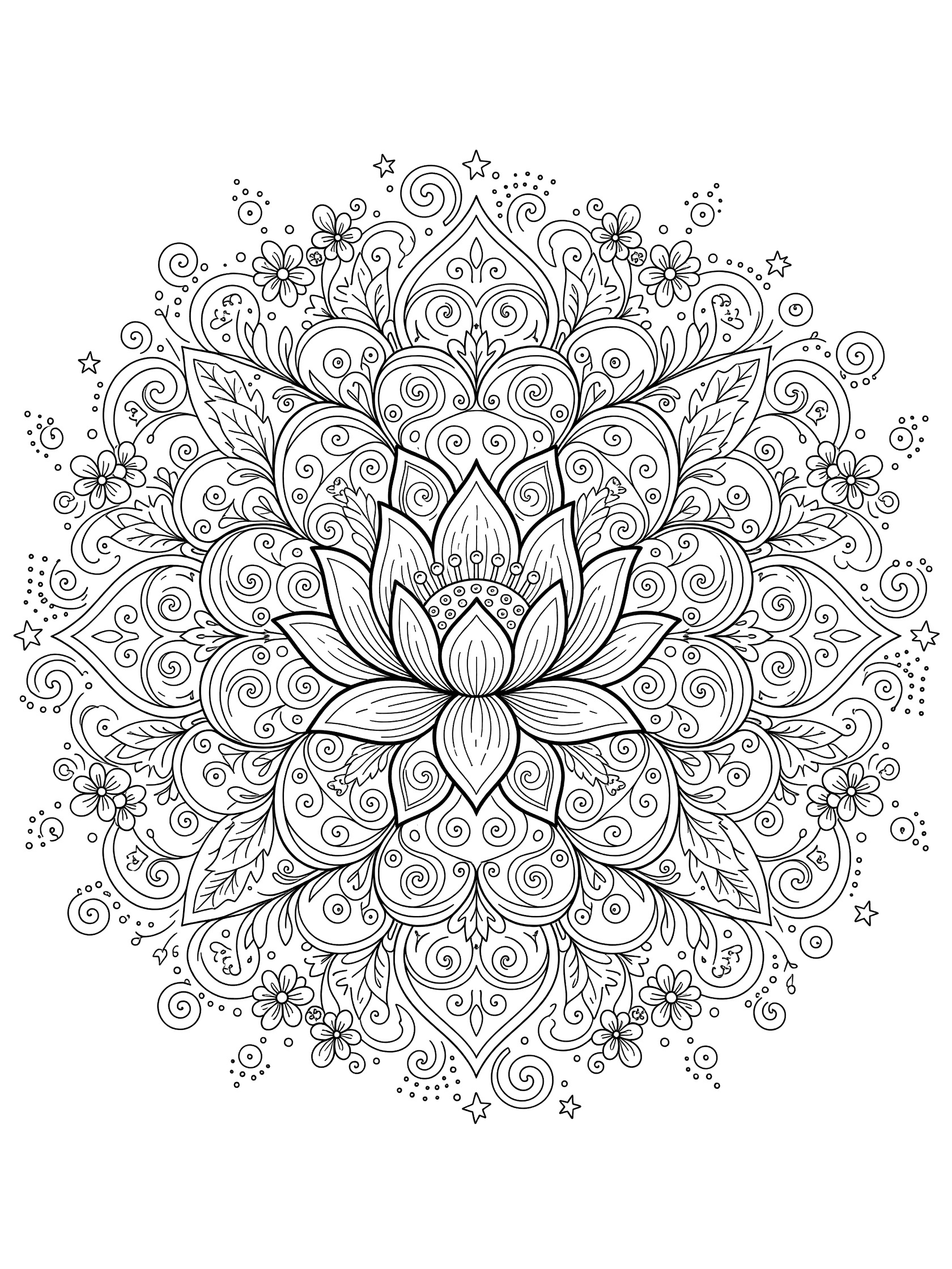 Whimsical doodle-style Lotus Mandala coloring page featuring a central blooming lotus with curly petals and seed pod, surrounded by symmetrical patterns of vines, leaves, flowers, swirls, dots, and stars.
