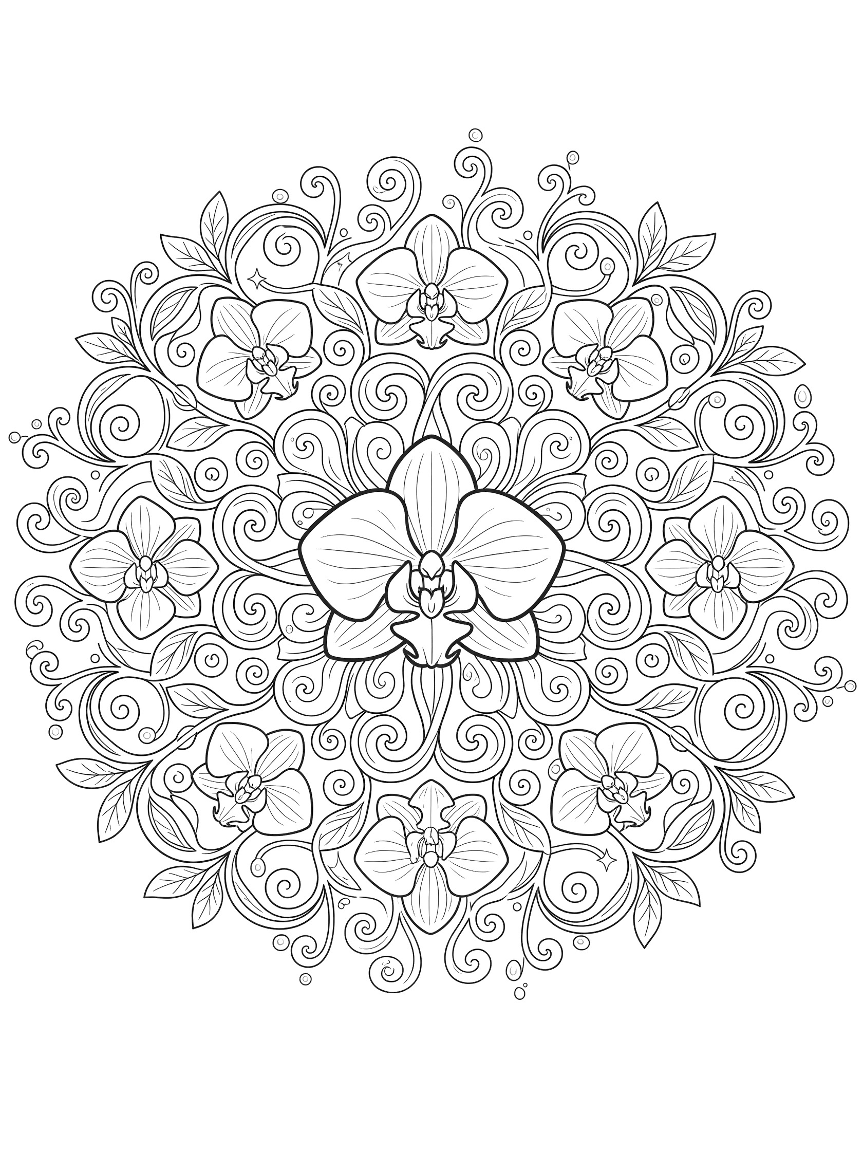 Black and white line art of a whimsical Orchid Mandala featuring a bold central orchid flower surrounded by symmetric doodle petals, curling vines, and playful leaves.