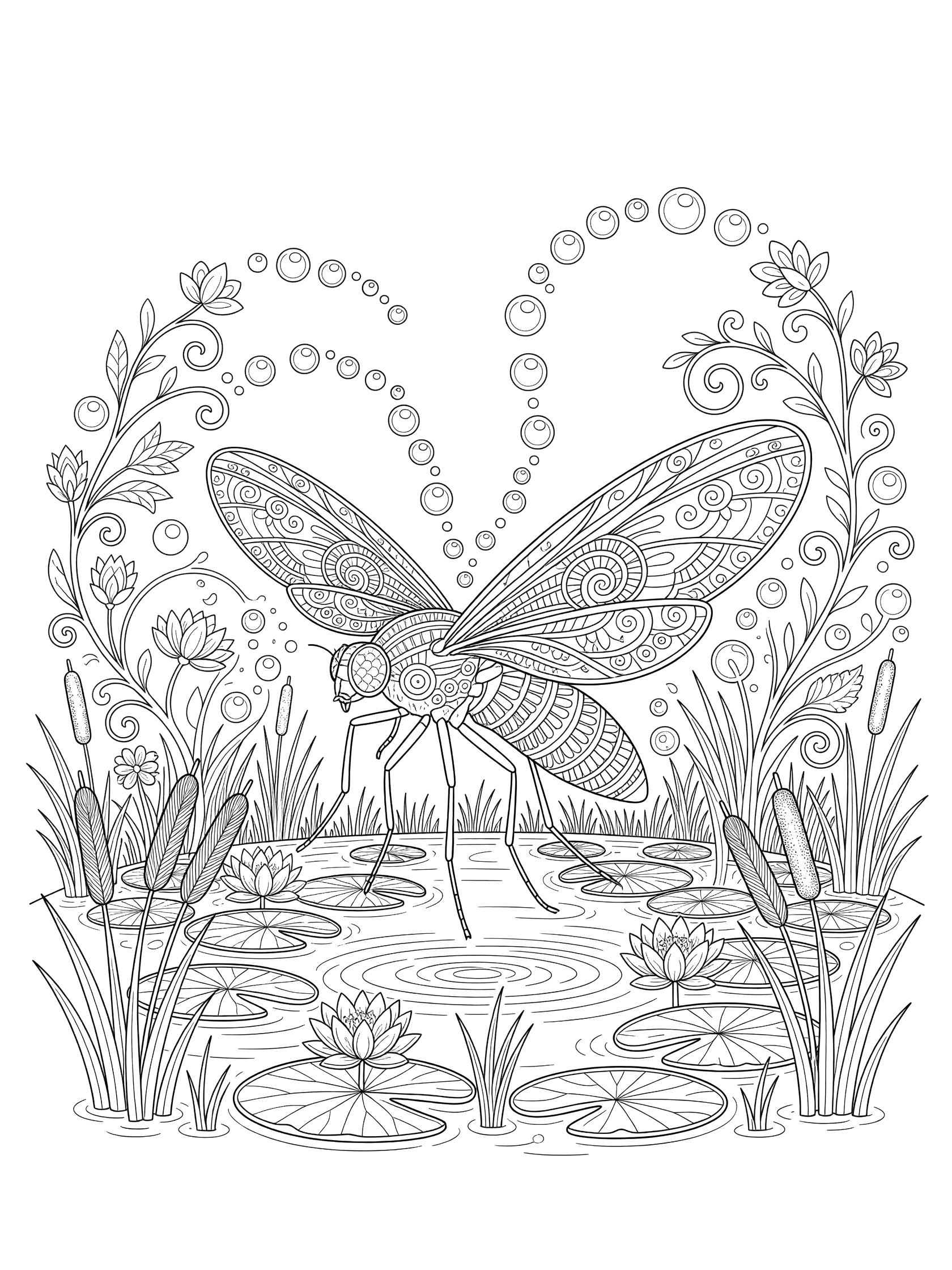 Black-and-white coloring page of a whimsical fly with patterned wings above a pond, lily pads, reeds, vines, and bubbles.