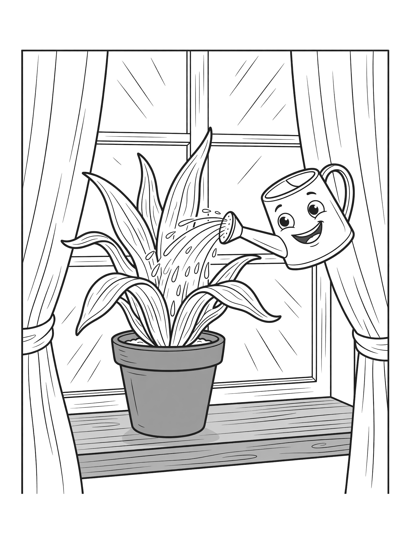 Doodle-style coloring page showing a snake plant with long curving leaves in a round pot on a wooden windowsill, a cute watering can pouring water, window with curtains and sun rays.