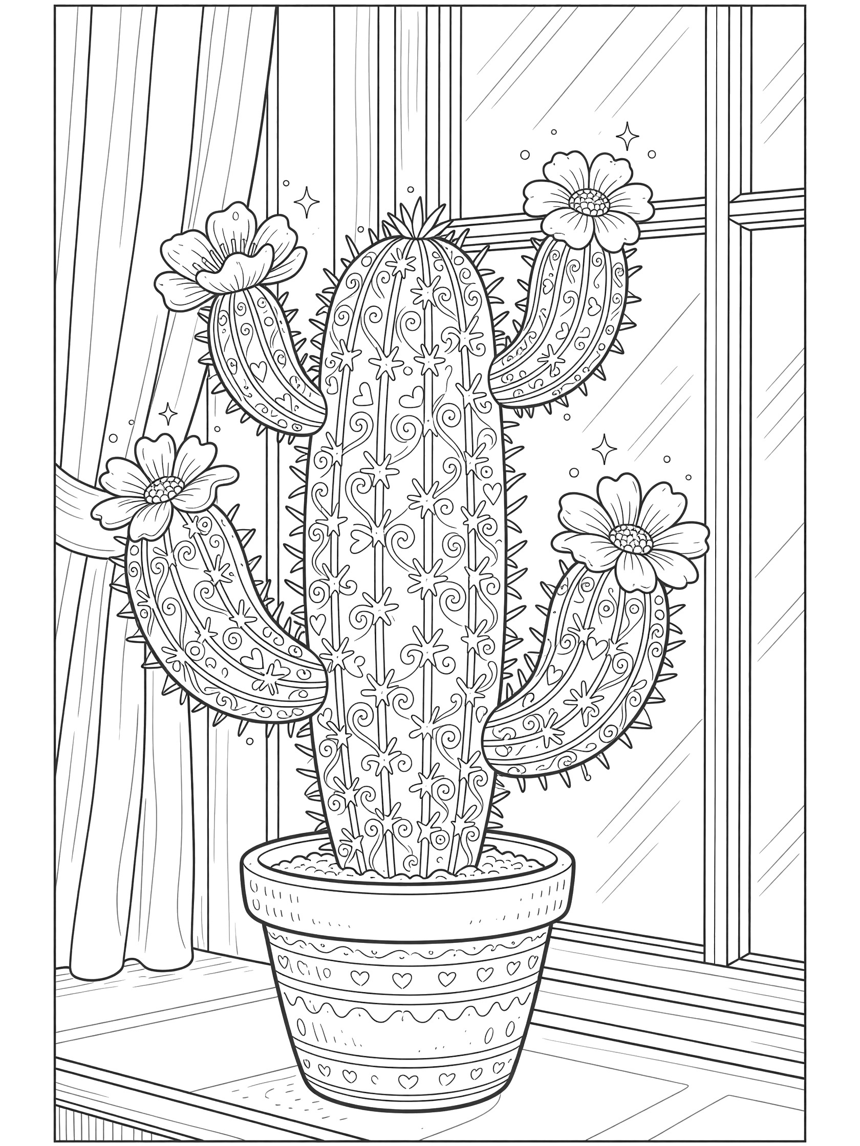 Line art coloring page showing a playful spiny cactus standing in a textured pot on an indoor windowsill with curtains, window, sunlight beams, oversized flowers, curly heart and star spines, and floating sparkles.