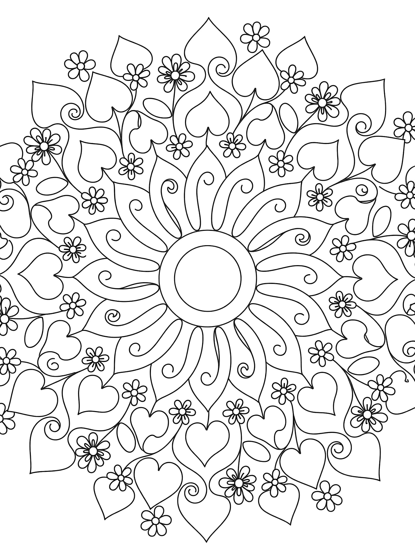 Whimsical Sunflower Mandala line art coloring page featuring a central sunflower with playful curly petals, surrounded by doodle vines, heart-shaped leaves, and small blooming flowers.