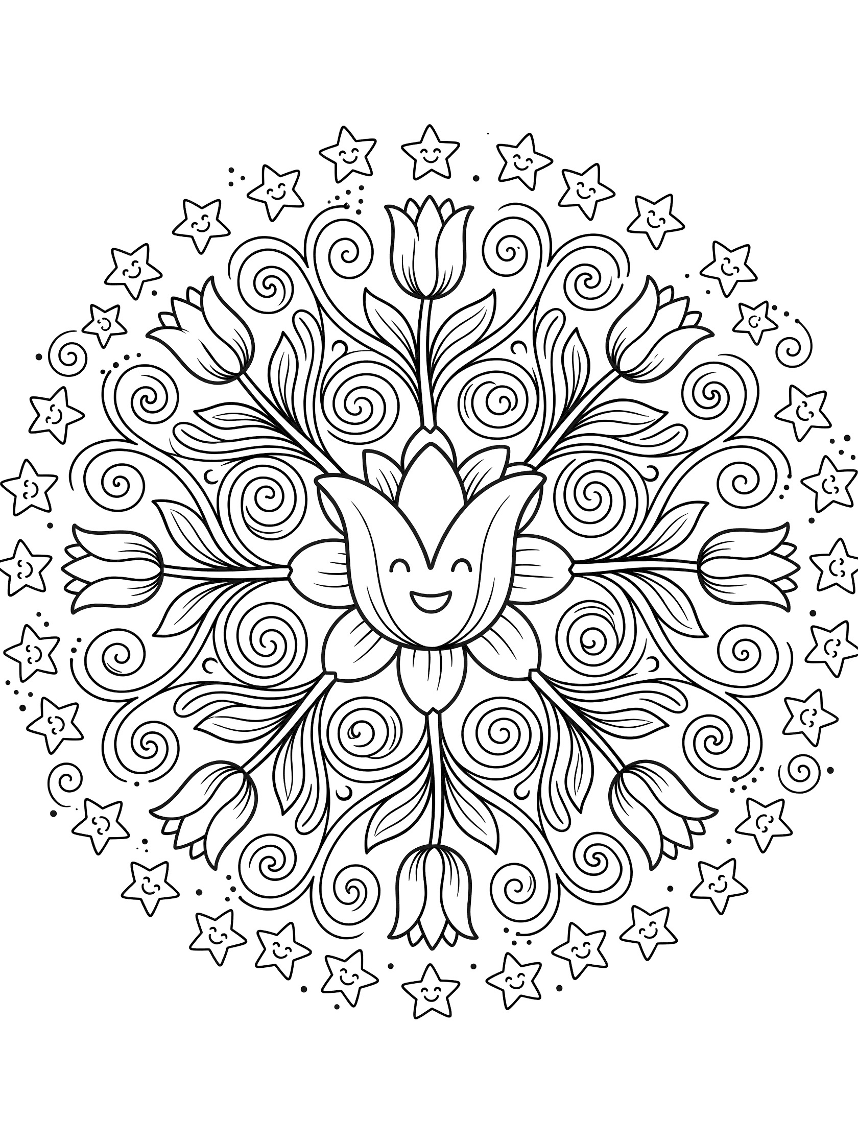 Black and white Tulip Mandala coloring page featuring a central blooming tulip with playful petals, symmetrical tulip buds, swirling vines, curly leaves, smiling stars, and dotted swirls in a circular pattern.