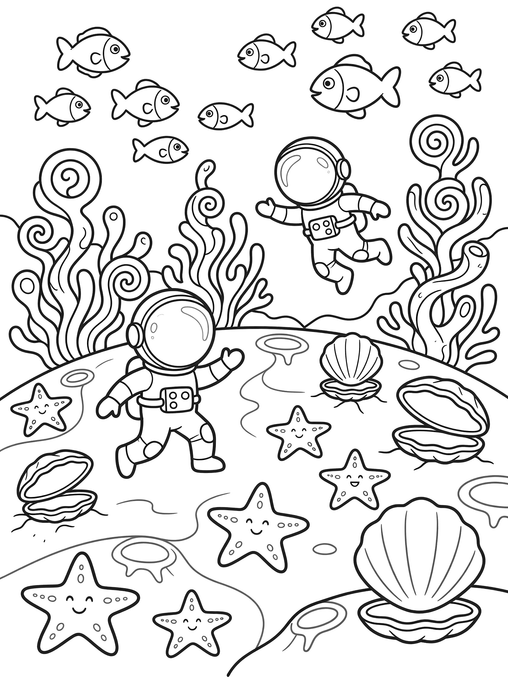 Black and white coloring page showing two astronauts in spacesuits moon walking on the ocean floor surrounded by fish, swirling seaweed, seashells, and smiling starfish.