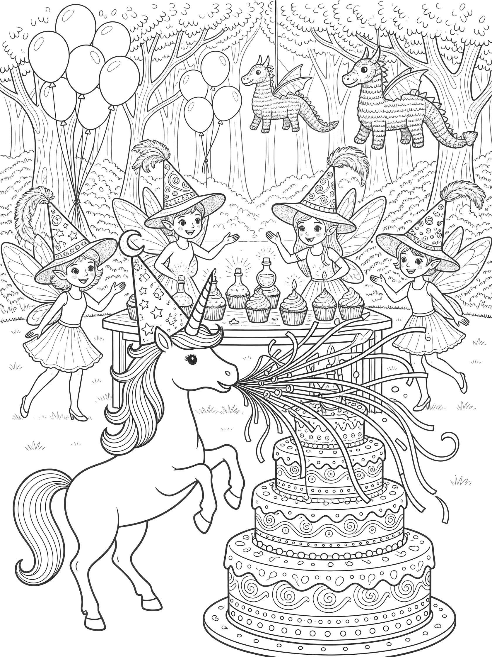 Whimsical doodle line art coloring page featuring a rearing unicorn wearing a cone party hat, fairies with brimmed party hats, birthday cake, cupcakes, balloons, and dragon pinatas in a forest.
