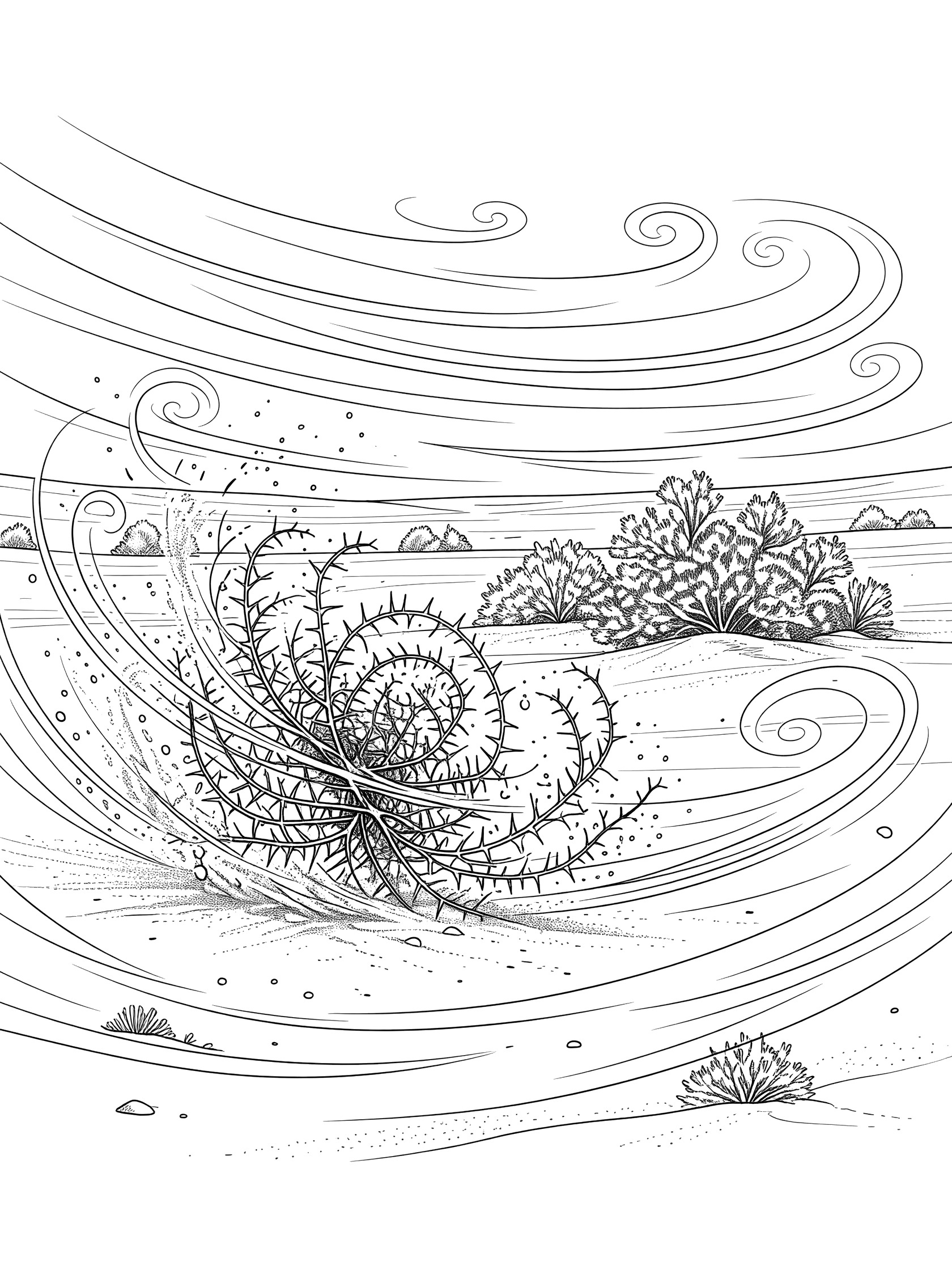 Black-and-white coloring page of a spiny tumbleweed spinning in desert wind with swirling gusts, sand particles, huddling scrub bushes, and sandy ground.