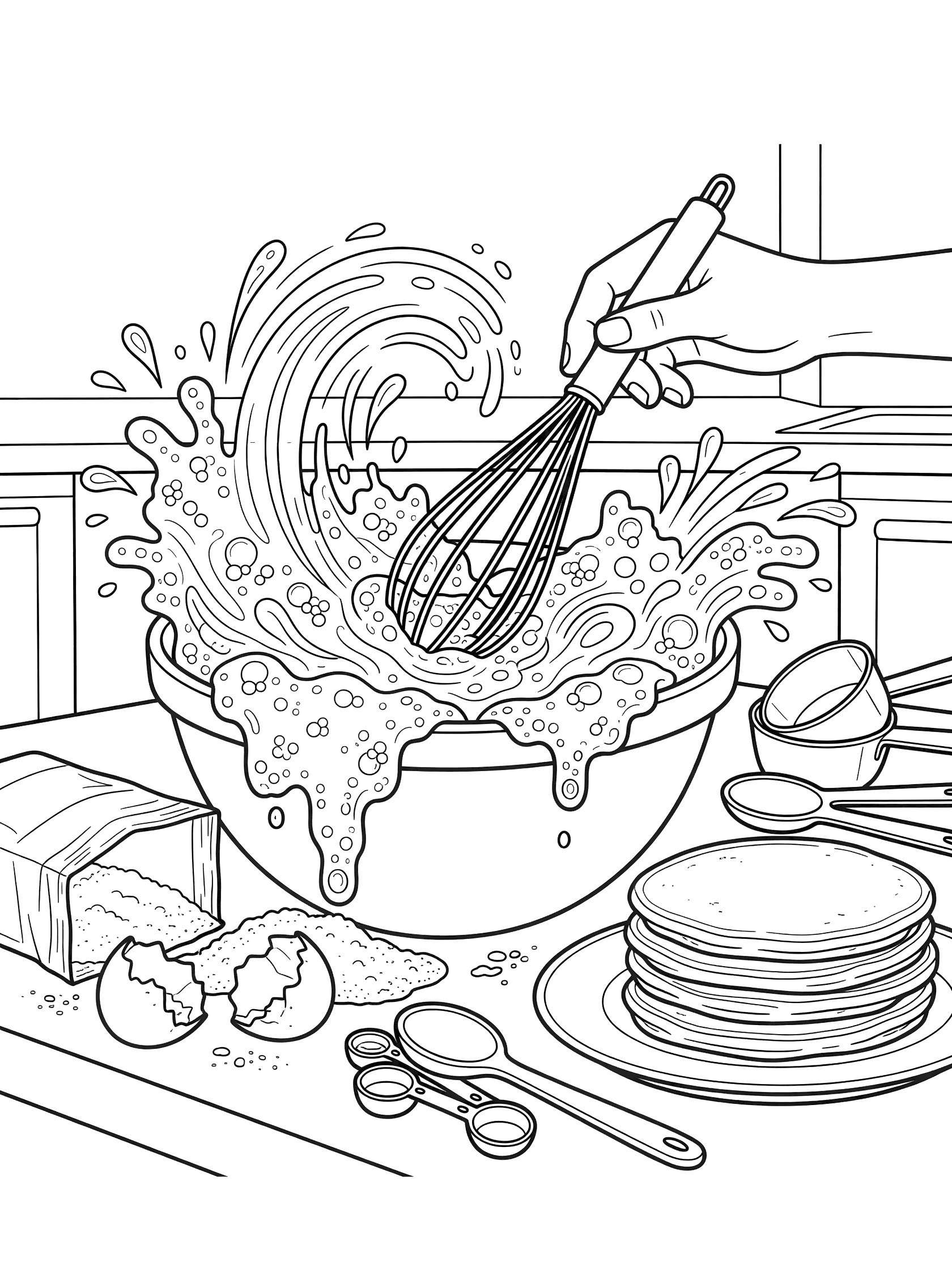 Coloring page showing a hand whisking overflowing pancake batter in a mixing bowl, with eggshells, flour bag, measuring cups, spoons and ready pancakes nearby.