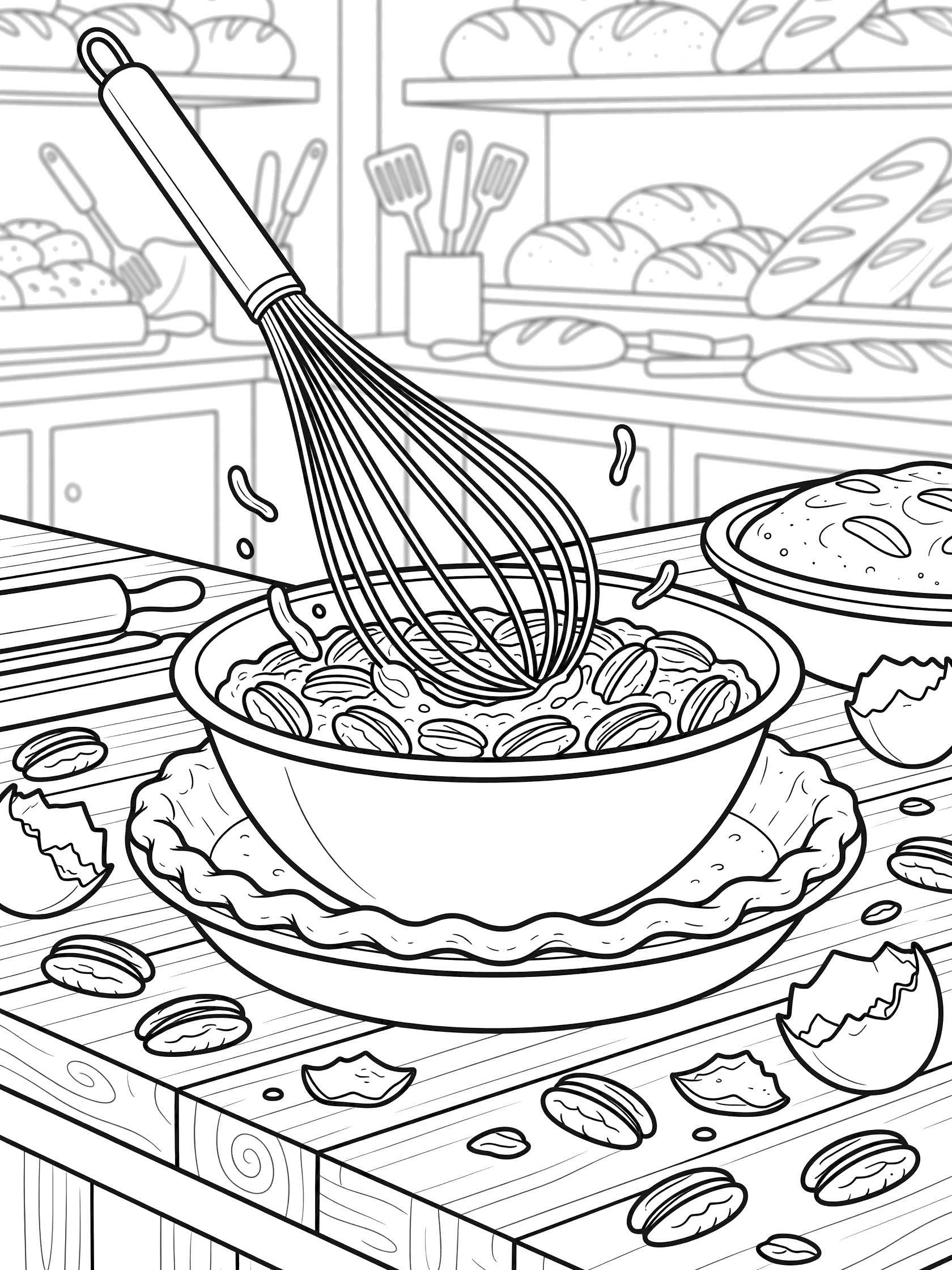 Line art coloring page showing a whisk mixing pecan filling in a bowl on pie crust base, with pecans and eggshells on a bakery counter, surrounded by bread shelves.