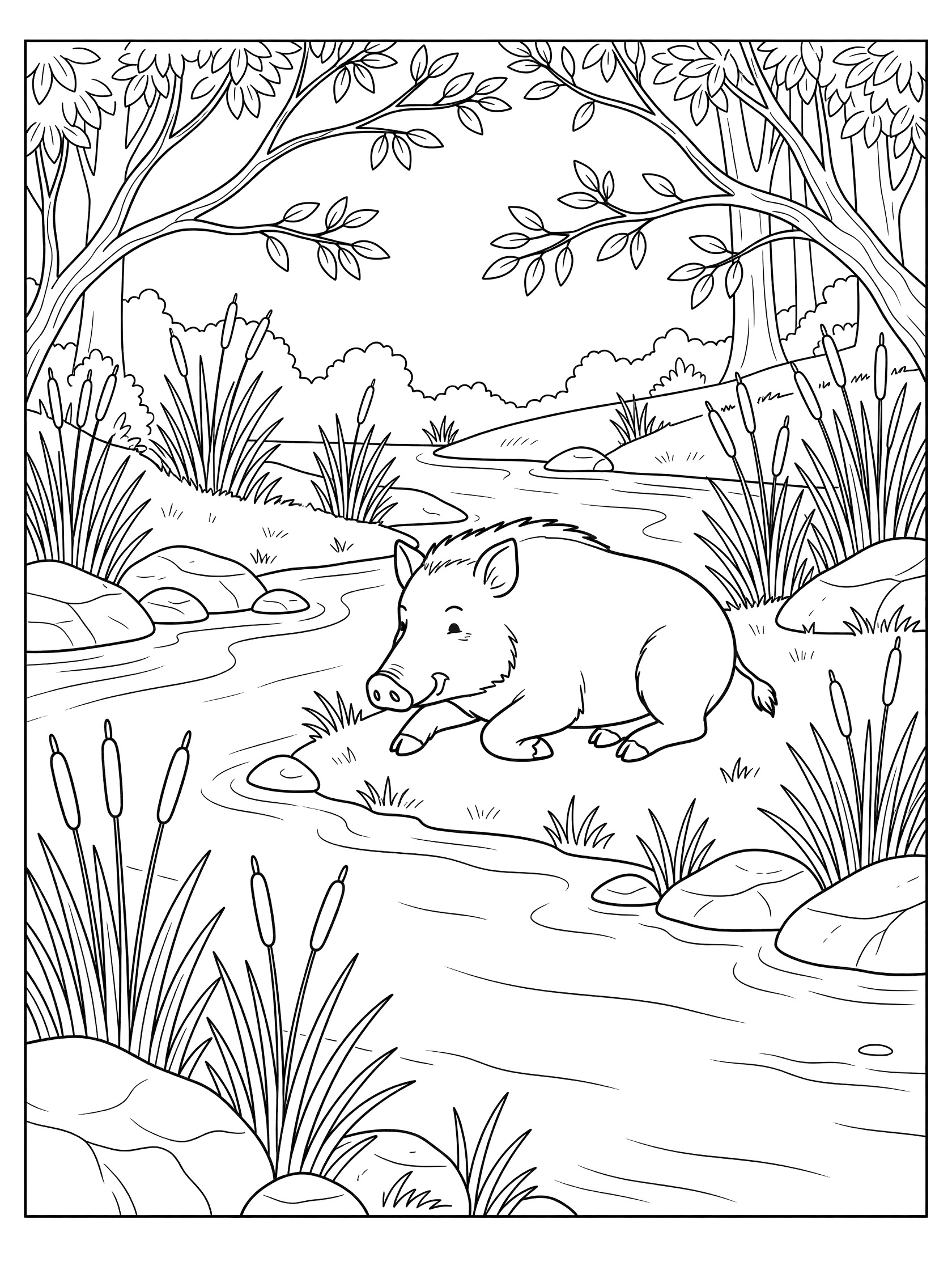 Black and white coloring page of a wild boar near a forest stream with rocks, reeds, trees, and water