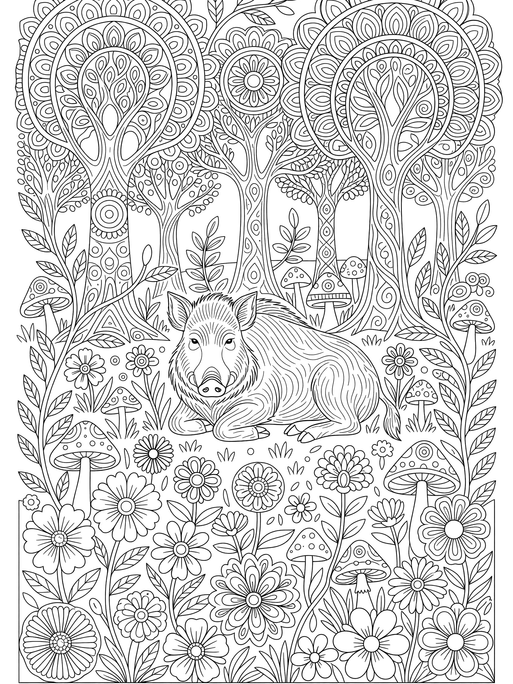 Black and white line art coloring page showing a boar lying down in a forest scene with stylized trees, flowers, mushrooms, and vines.