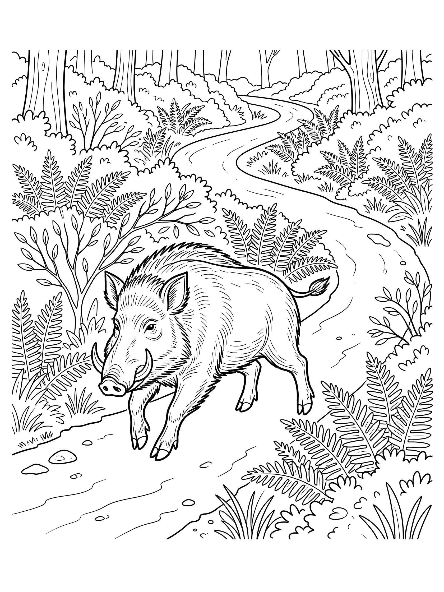 Black and white line art coloring page showing a boar with tusks trotting on a curvy dirt path through a forest lined with ferns bushes and trees.