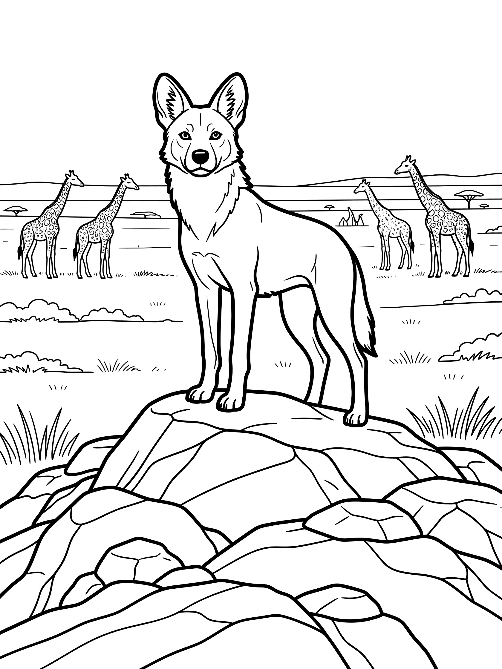 Black and white line art coloring page showing a wild dog on a rocky hill with distant giraffes on savanna plains.