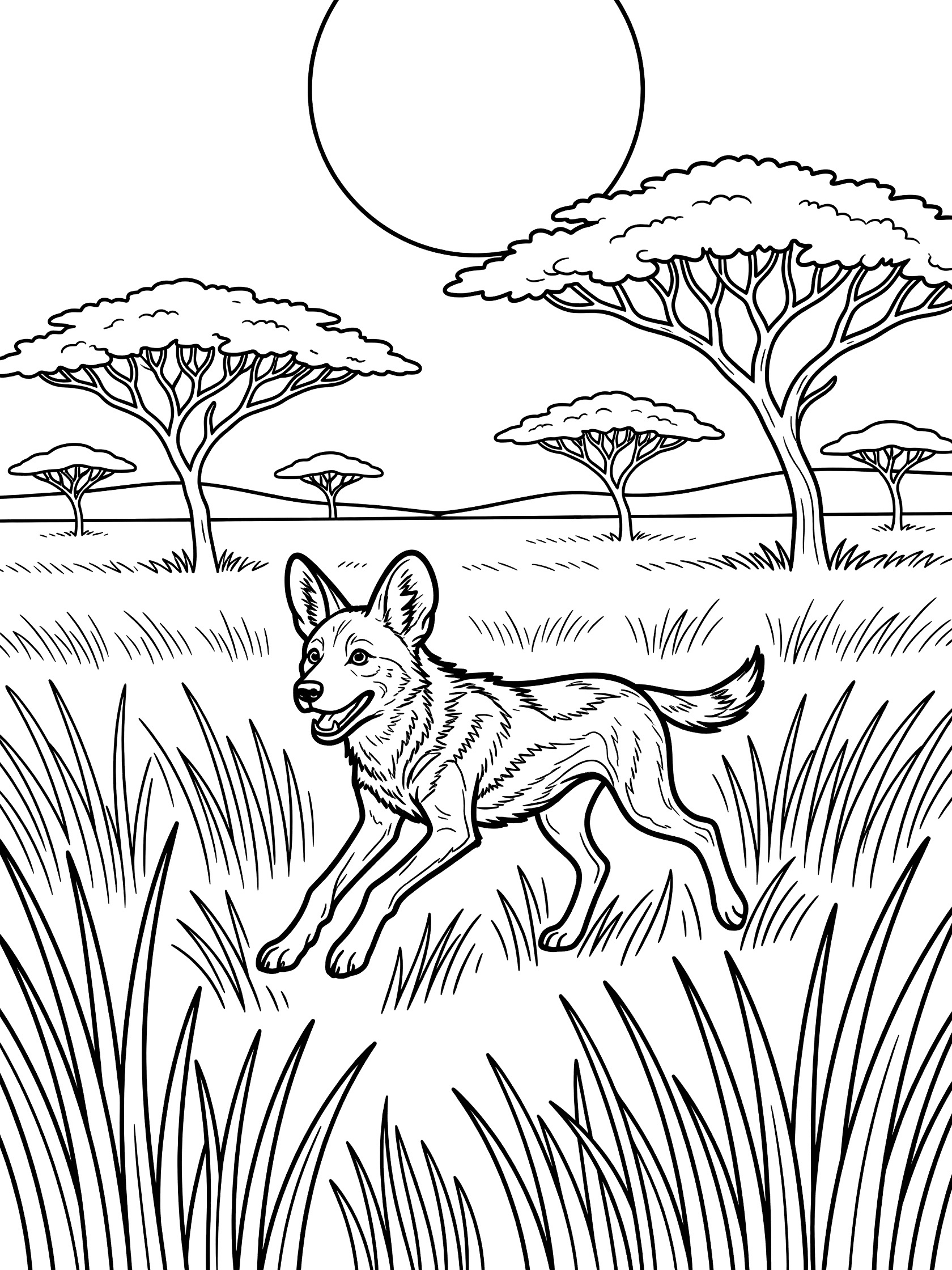 Black and white line art coloring page showing a wild dog running in tall grass on the savanna with acacia trees in the background and a large sun overhead.