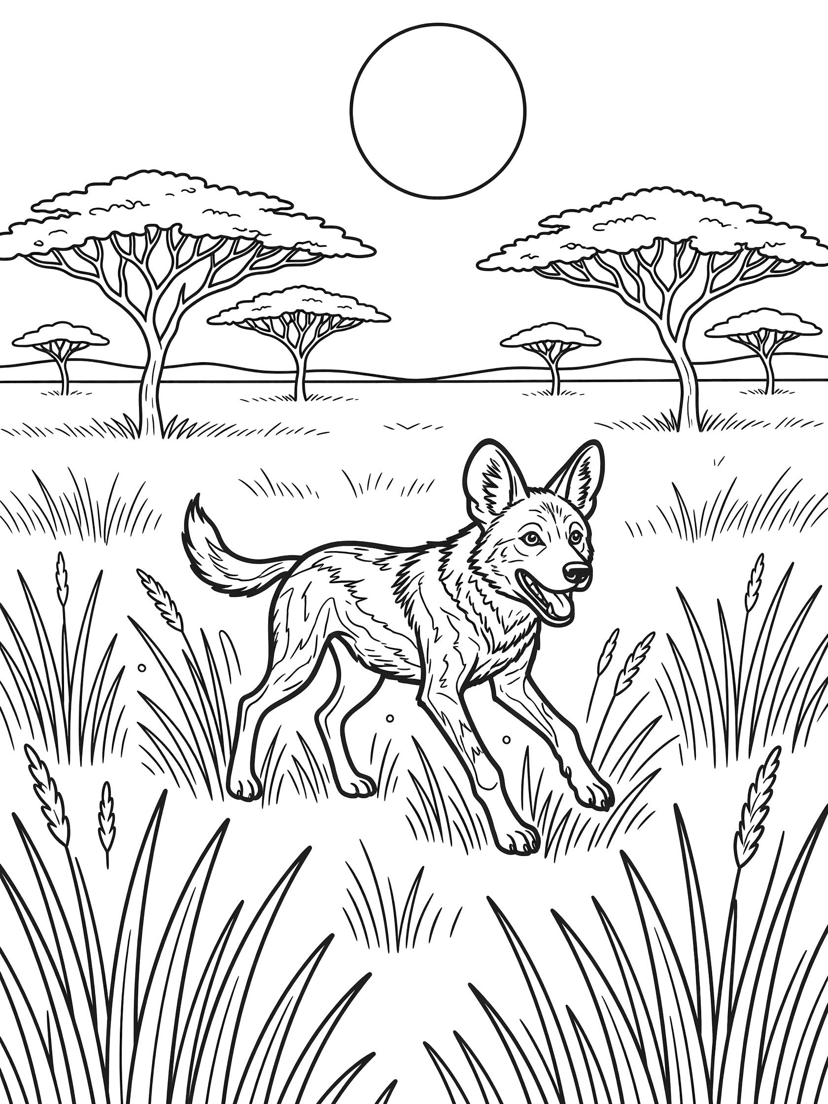 Black and white line art coloring page showing a wild dog running through tall grass with acacia trees and sun in the savanna background