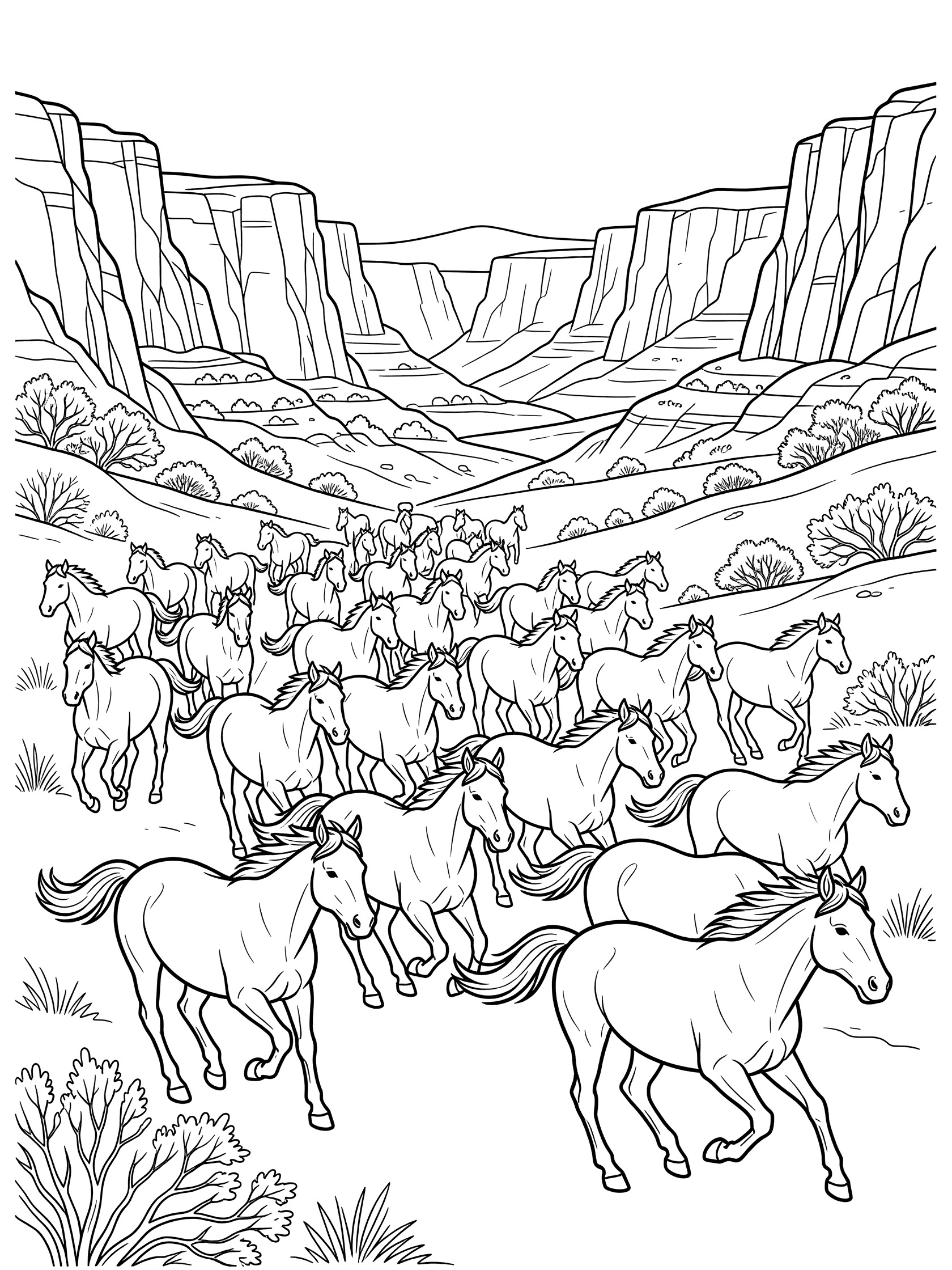 Black and white line art of a herd of horses running across a canyon with tall cliffs and scrub brush, coloring book style. Mustang themed black and white printable line art