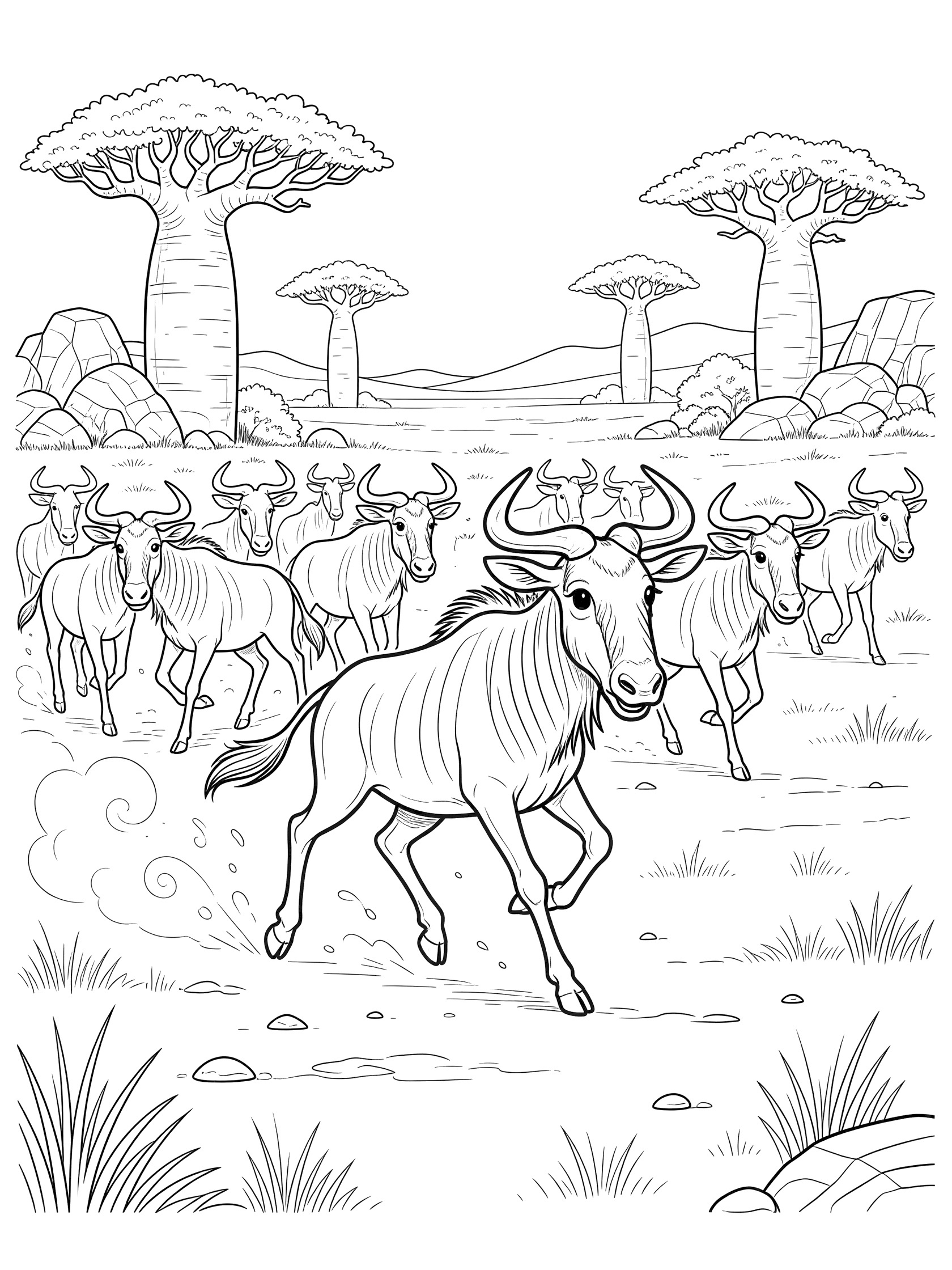 Black and white line art coloring page showing a herd of wildebeest running on dusty savanna plains with baobab trees, rocks, and dust clouds.