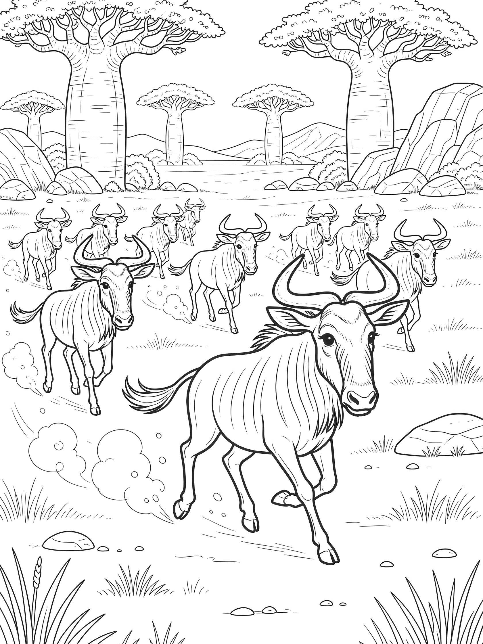 Black and white coloring page of a herd of wildebeest running energetically across grassy savanna with baobab trees, rocks, and dust clouds in detailed line art style.