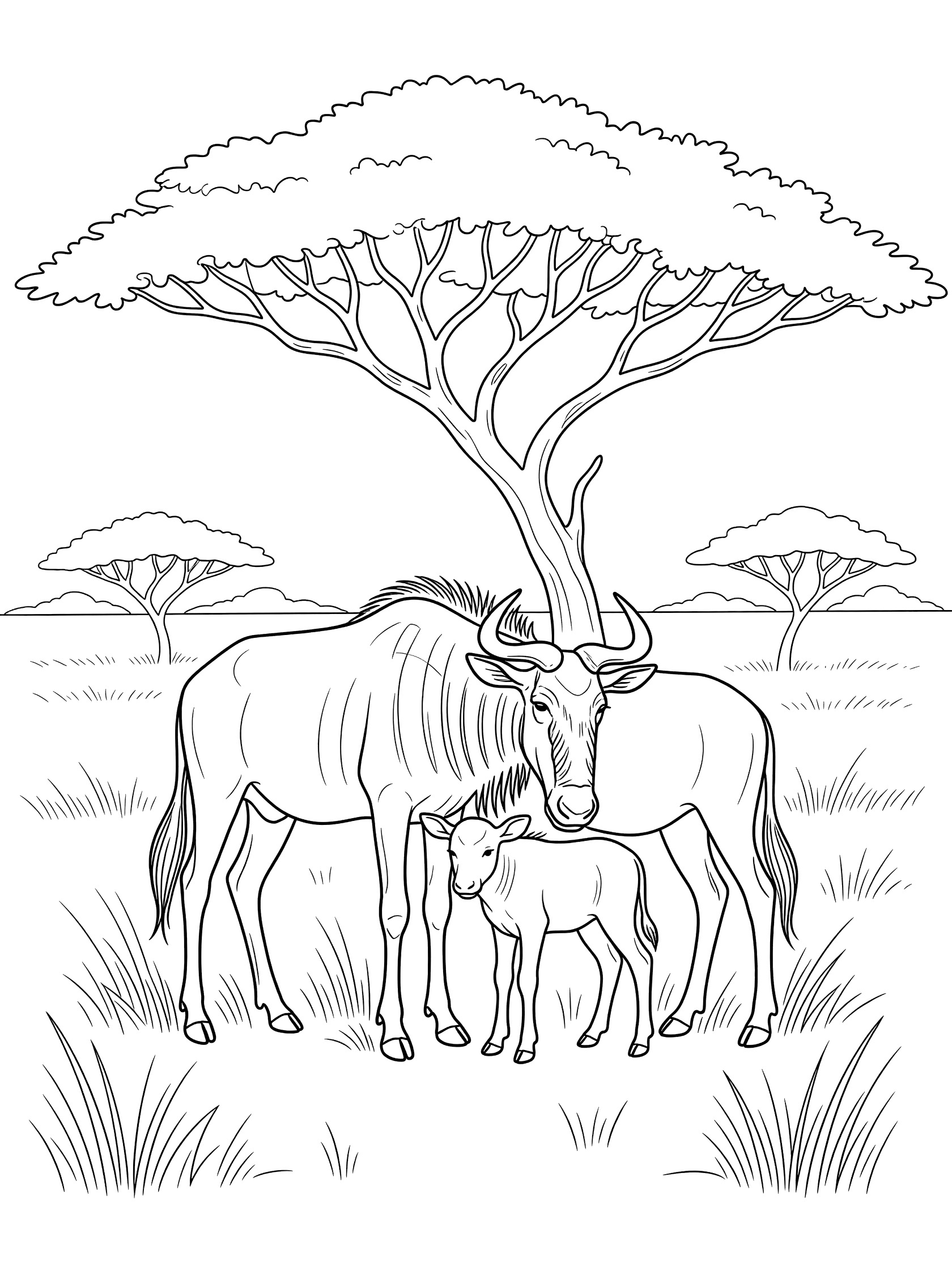 Black and white line art coloring page showing a mother wildebeest protecting her baby calf next to an acacia tree with savanna grass and distant trees.