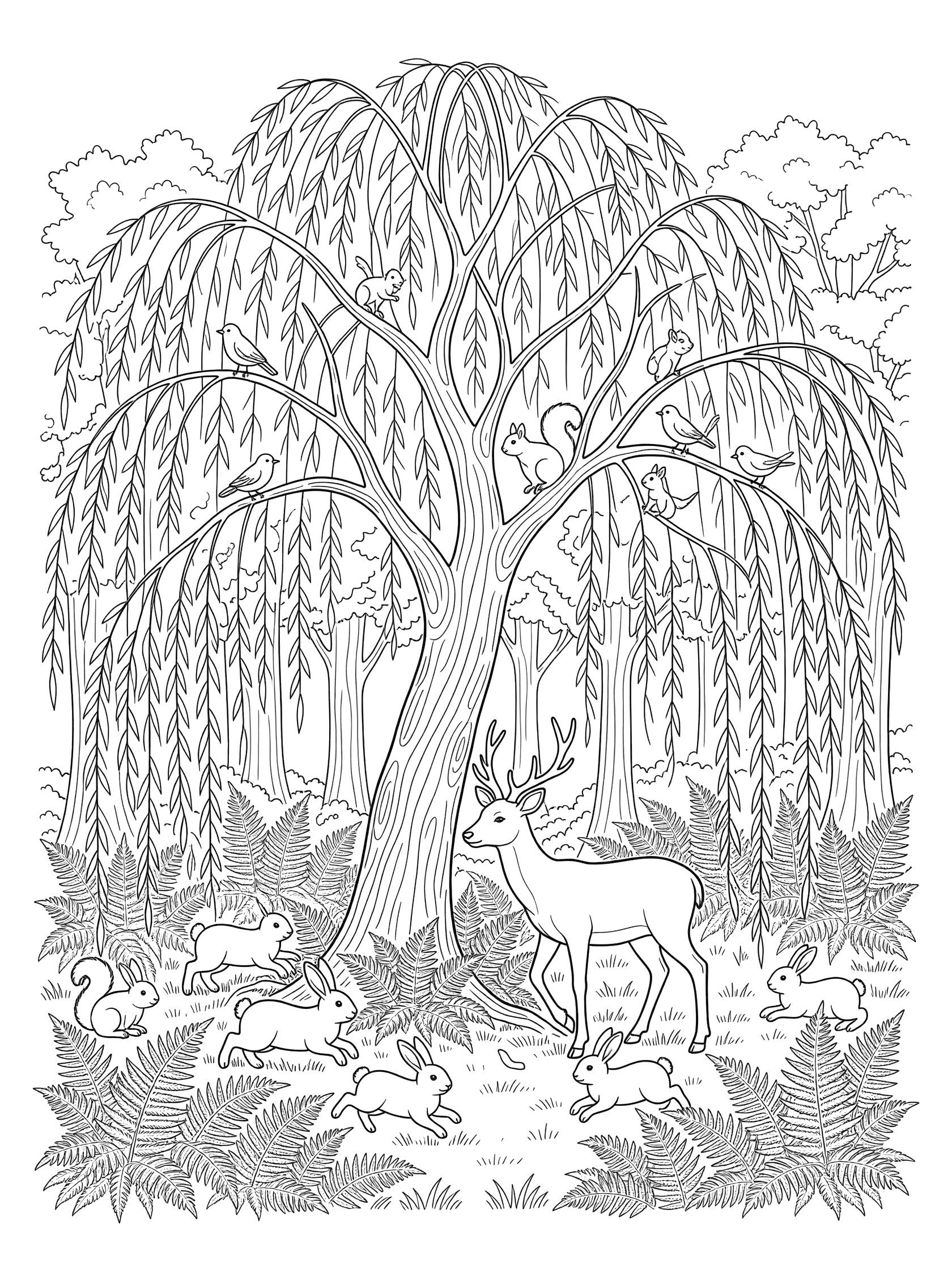 Black and white line art coloring page of a large willow tree with hanging branches, a deer standing nearby, squirrels on branches, baby rabbits on the ground, ferns and grass in a forest setting.