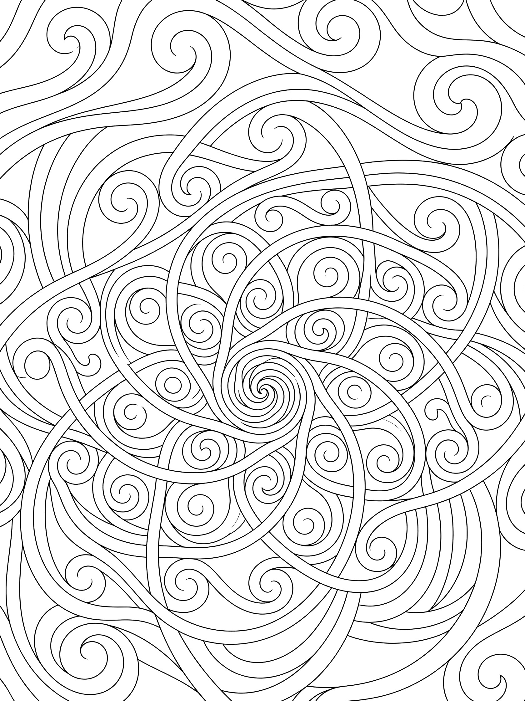 Zentangle-inspired mandala coloring page featuring flux wind twists with central spiral and radiating curly lines.