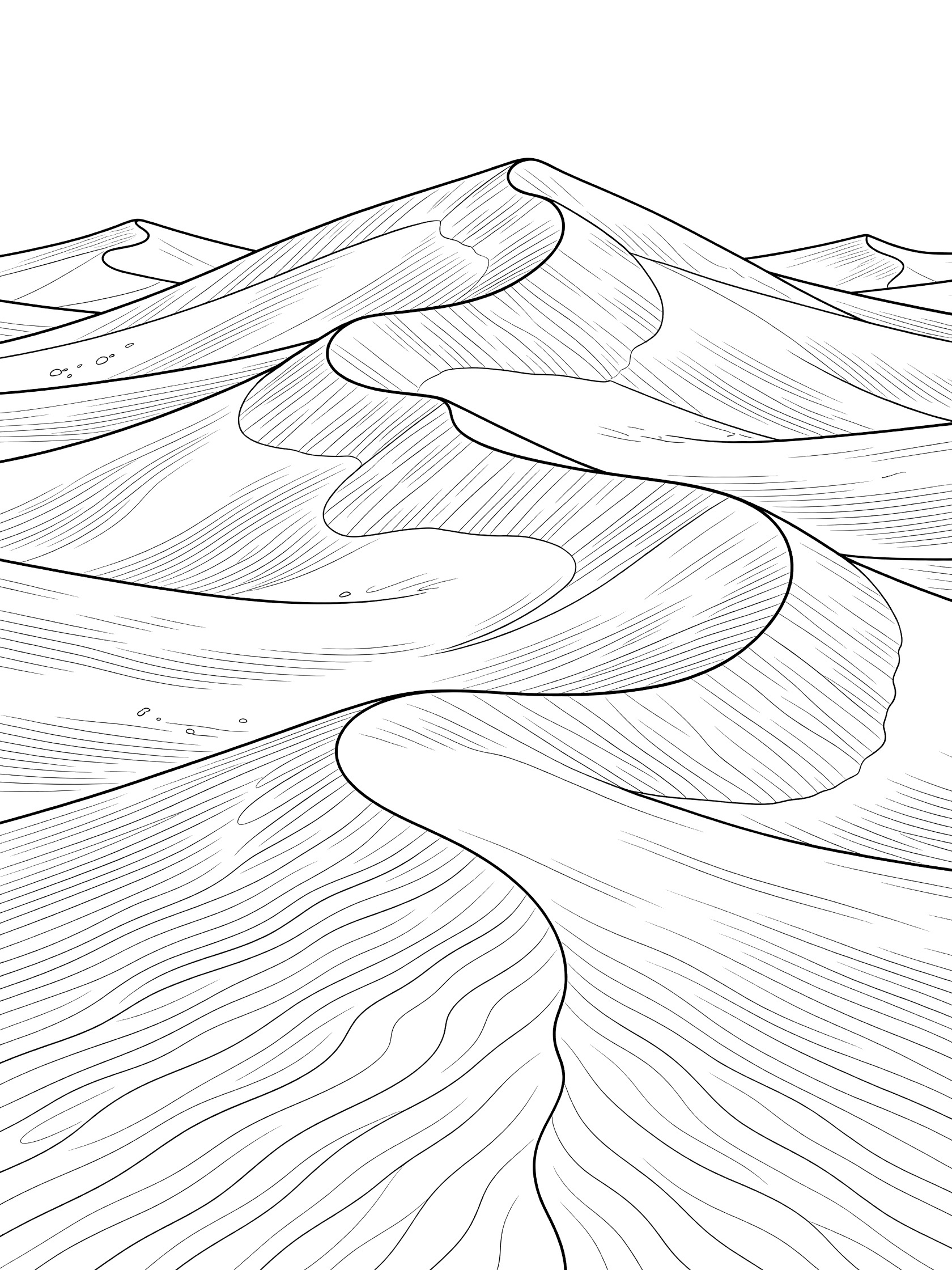Line art coloring page of Gobi Desert sand dunes sculpted by wind, showing curved crests, ripples, and layered dunes on a white background.