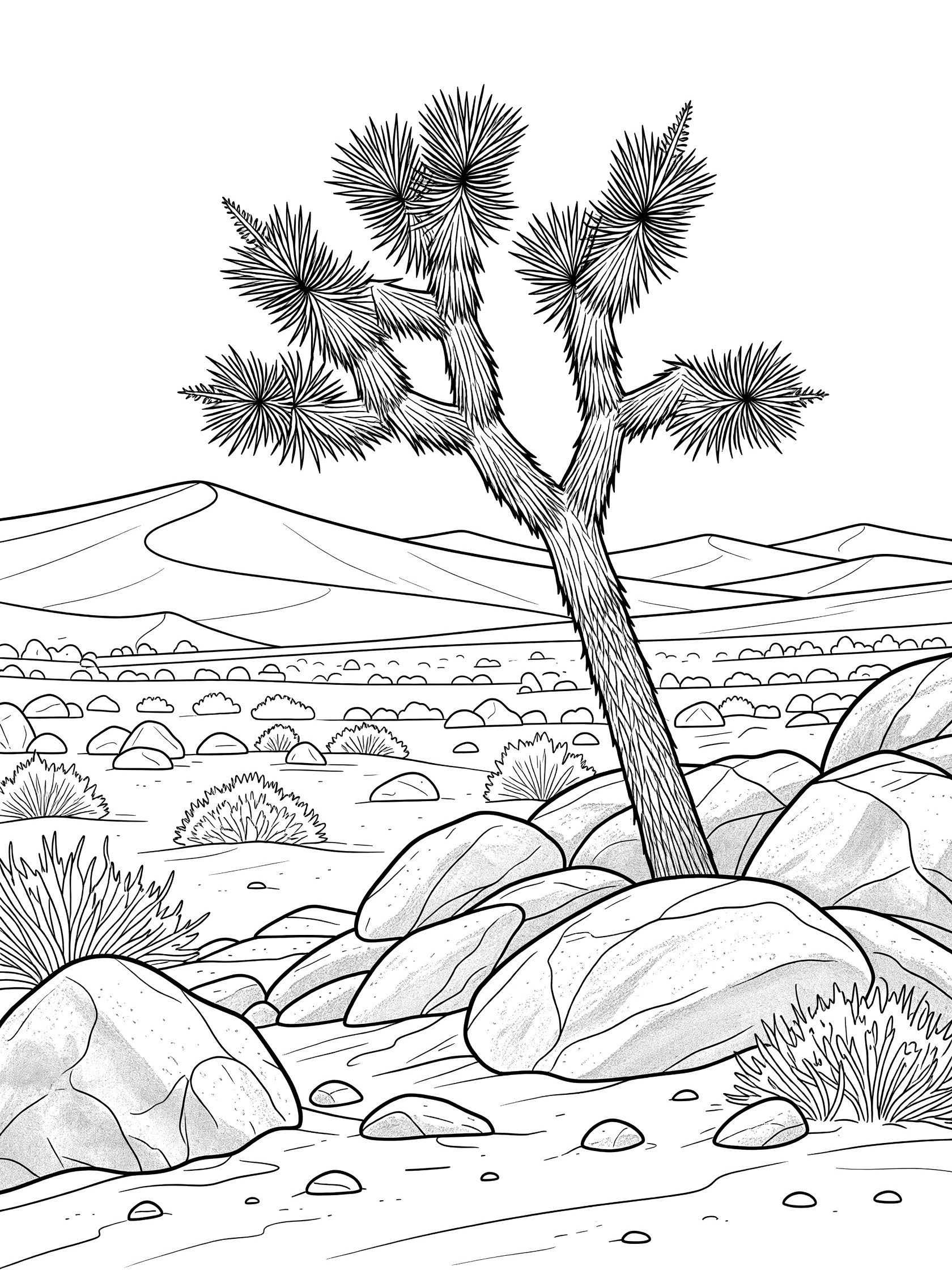 Black and white line art of a wind-swept Joshua tree on a rocky desert outcrop with boulders and sand dunes