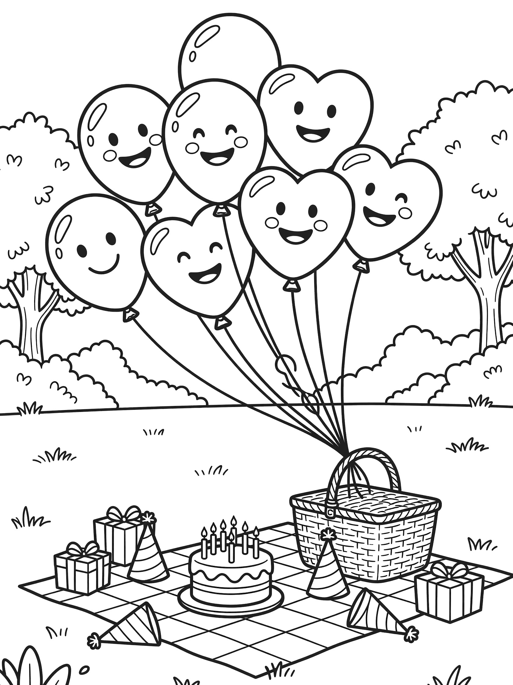 Cute cartoon windblown balloons coloring page showing a cluster of round and heart-shaped balloons swaying in the breeze over a birthday picnic with cake, gifts and checkered blanket.