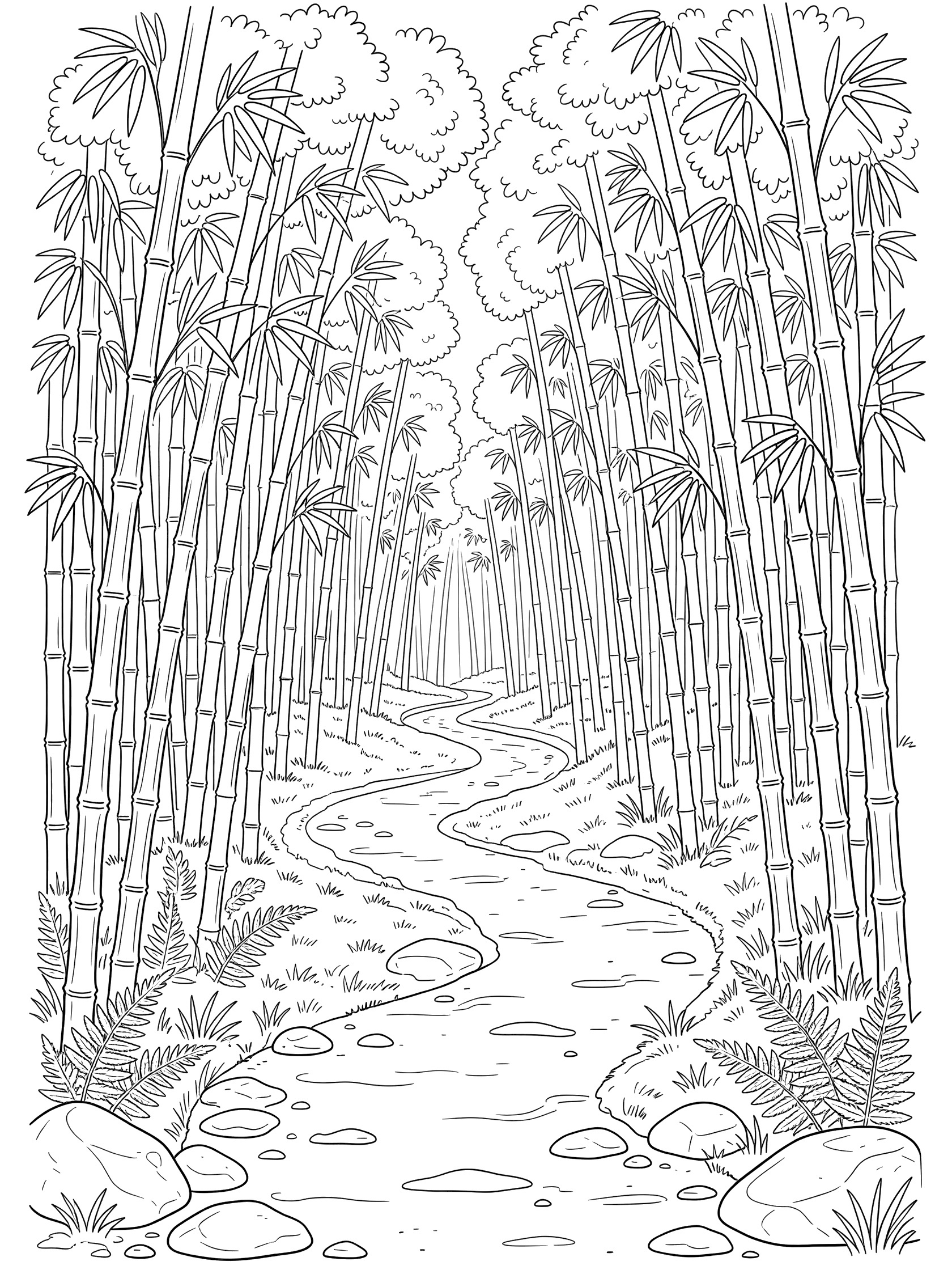 Black and white line art of a curving path in dense bamboo forests with tall stalks, leaves, stones, and ferns for coloring.