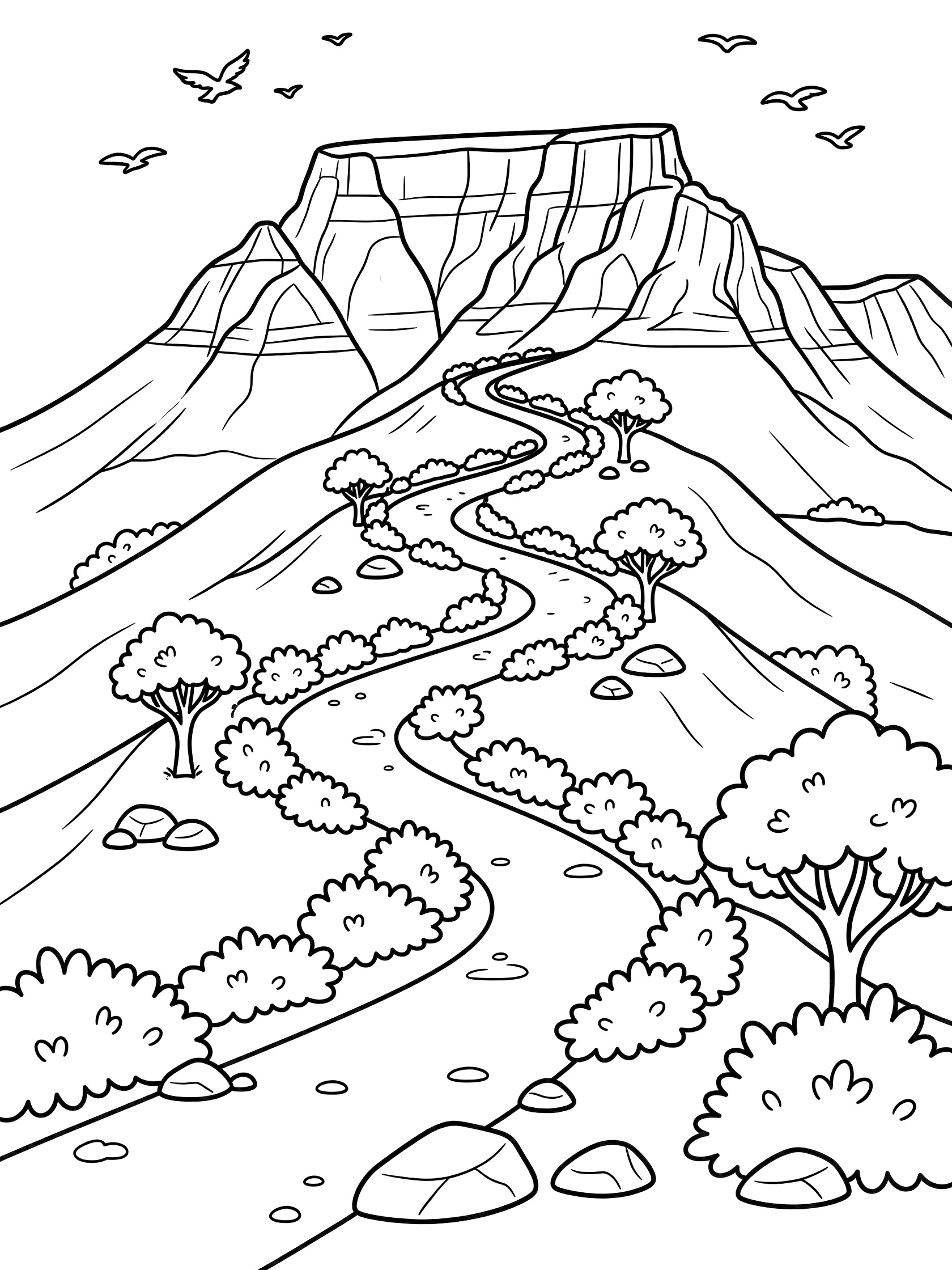 Black and white line art coloring page showing a curvy path snaking up a steep flat-topped mountain, surrounded by bushes, rocks, small trees, and birds in the sky. Table Mountain themed black and white printable line art