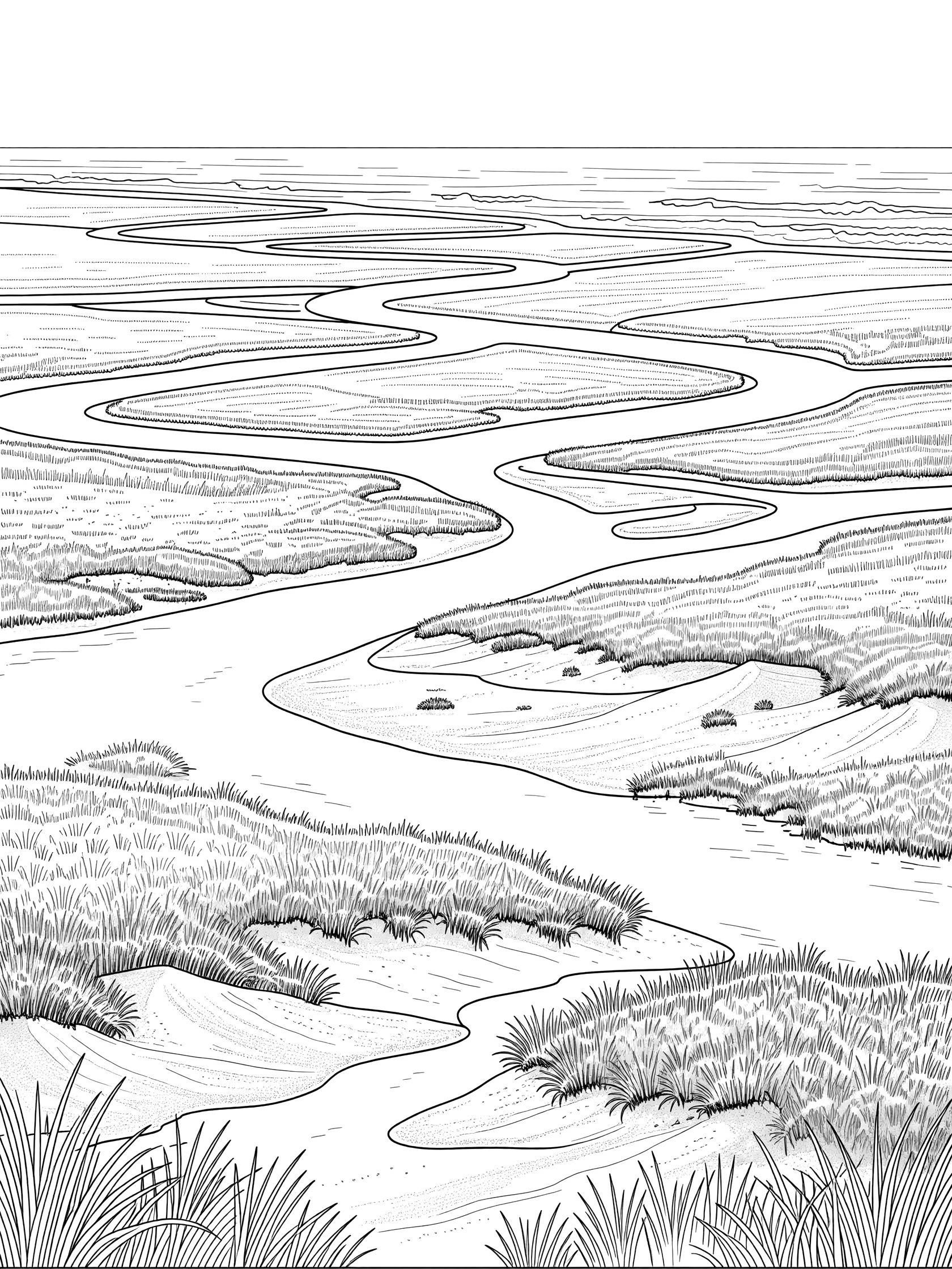 Black and white line art coloring page showing a winding river delta with channels through sandy islands, tall marsh grasses, and distant sea waves. Rio Grande themed black and white printable line art