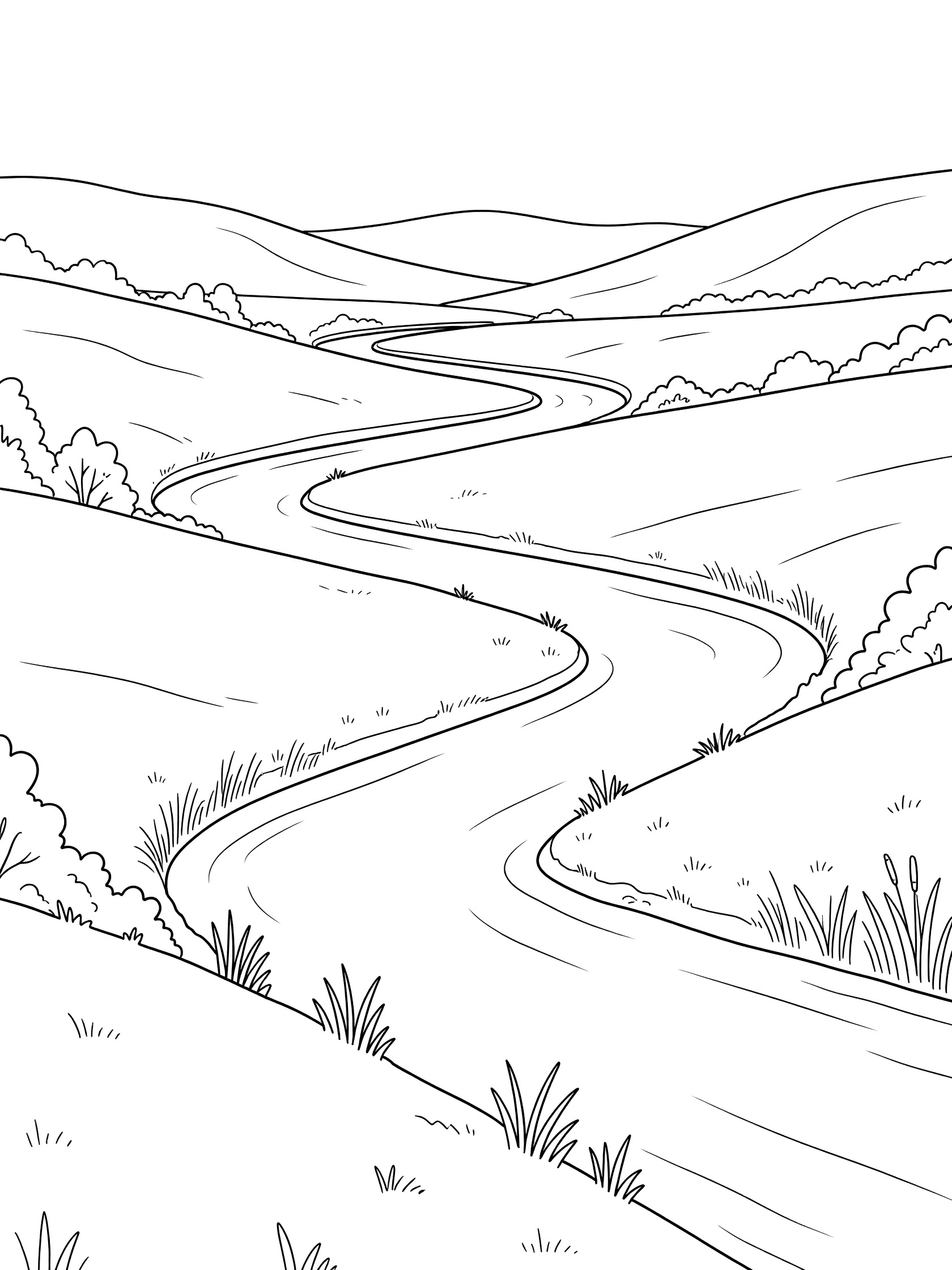 Black and white line art coloring page showing a curving river through grassy hills, with trees on the banks and reeds along the edges. Danube River themed black and white printable line art