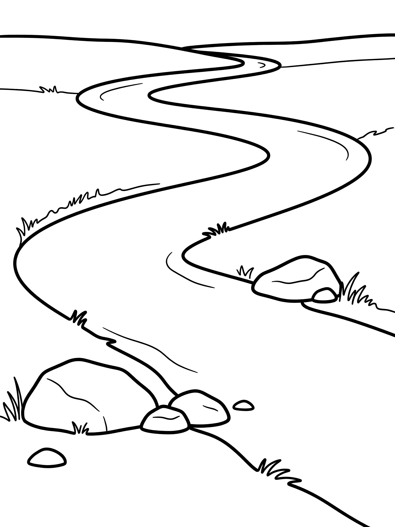 Black and white line art coloring page showing a curving river winding through grassy land with large rocks on the banks. Rio Grande themed black and white printable line art