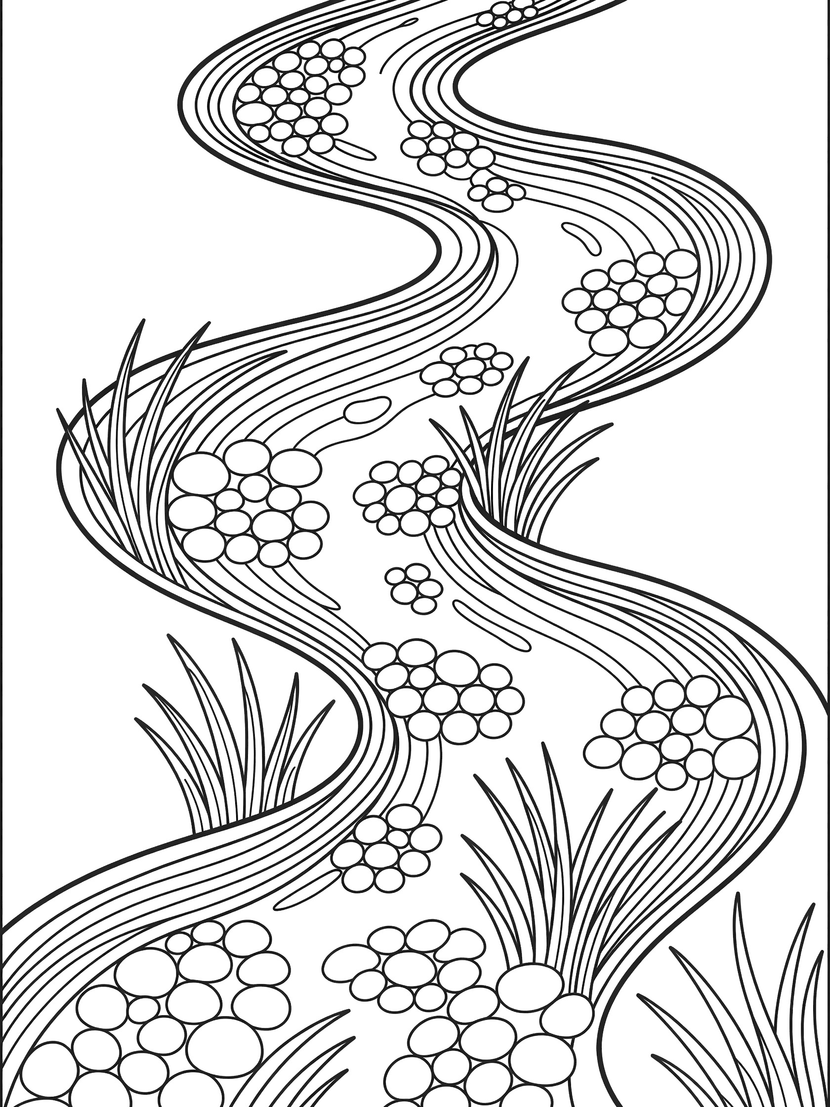Black and white coloring page showing a winding stream with bubbles, pebbles, and reed plants in zentangle style. Flux themed black and white printable line art