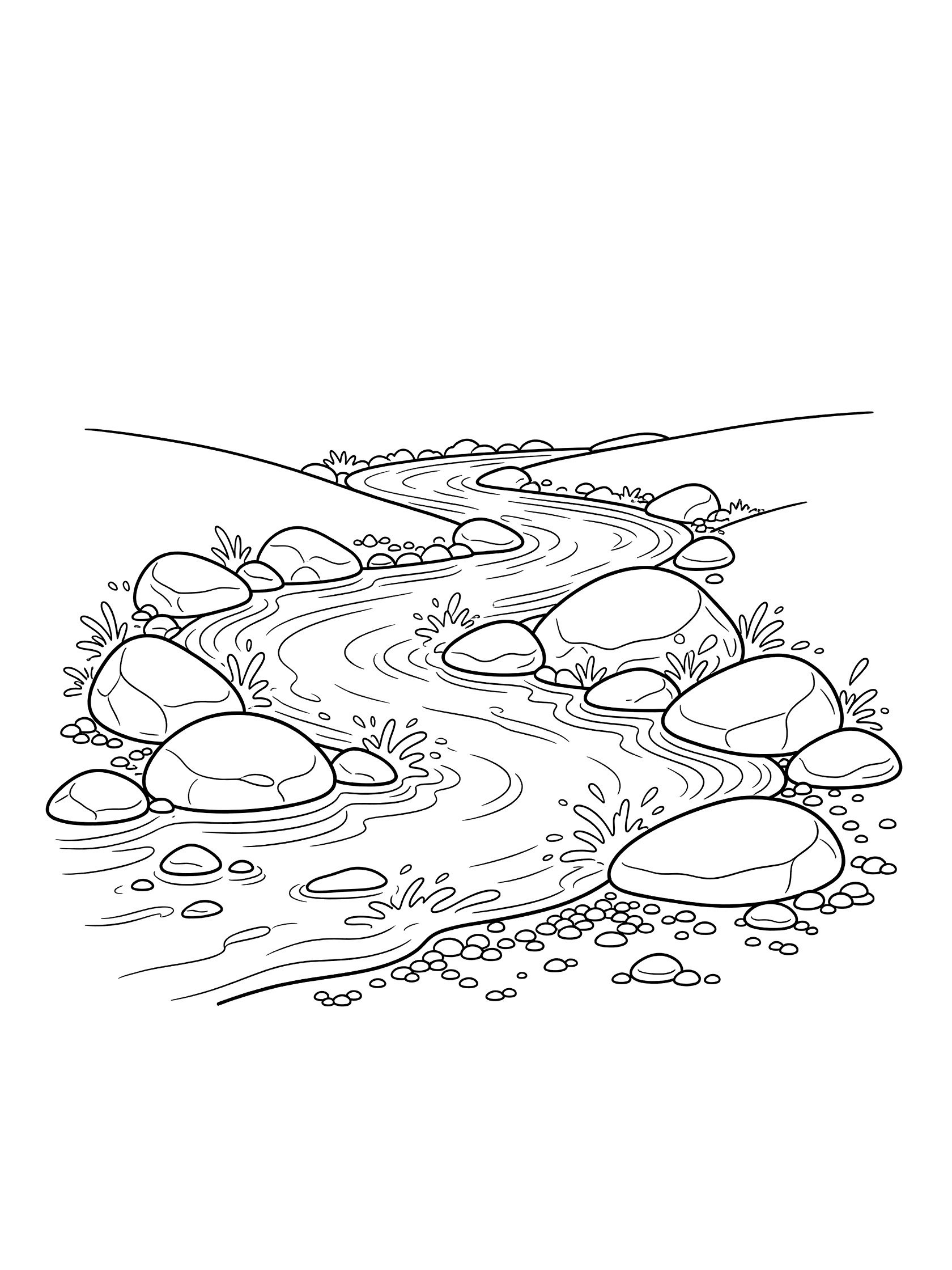 Black and white line art coloring page showing a winding stream with water splashes bending around smooth rocks, boulders, and scattered pebbles on the shore. Euphrates River themed black and white printable line art