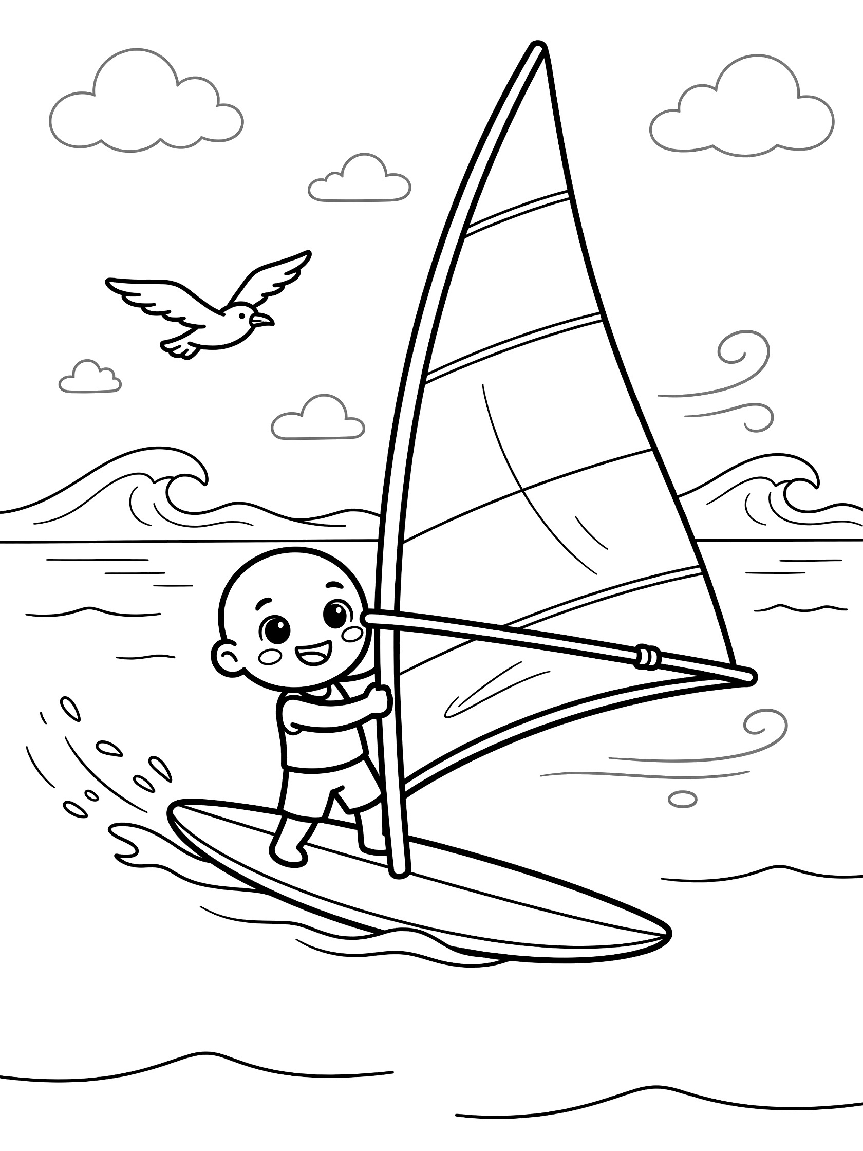 Cute cartoon windsurfer on a board skimming calm waters, holding a sail, with seagull and waves in a fun line art coloring page