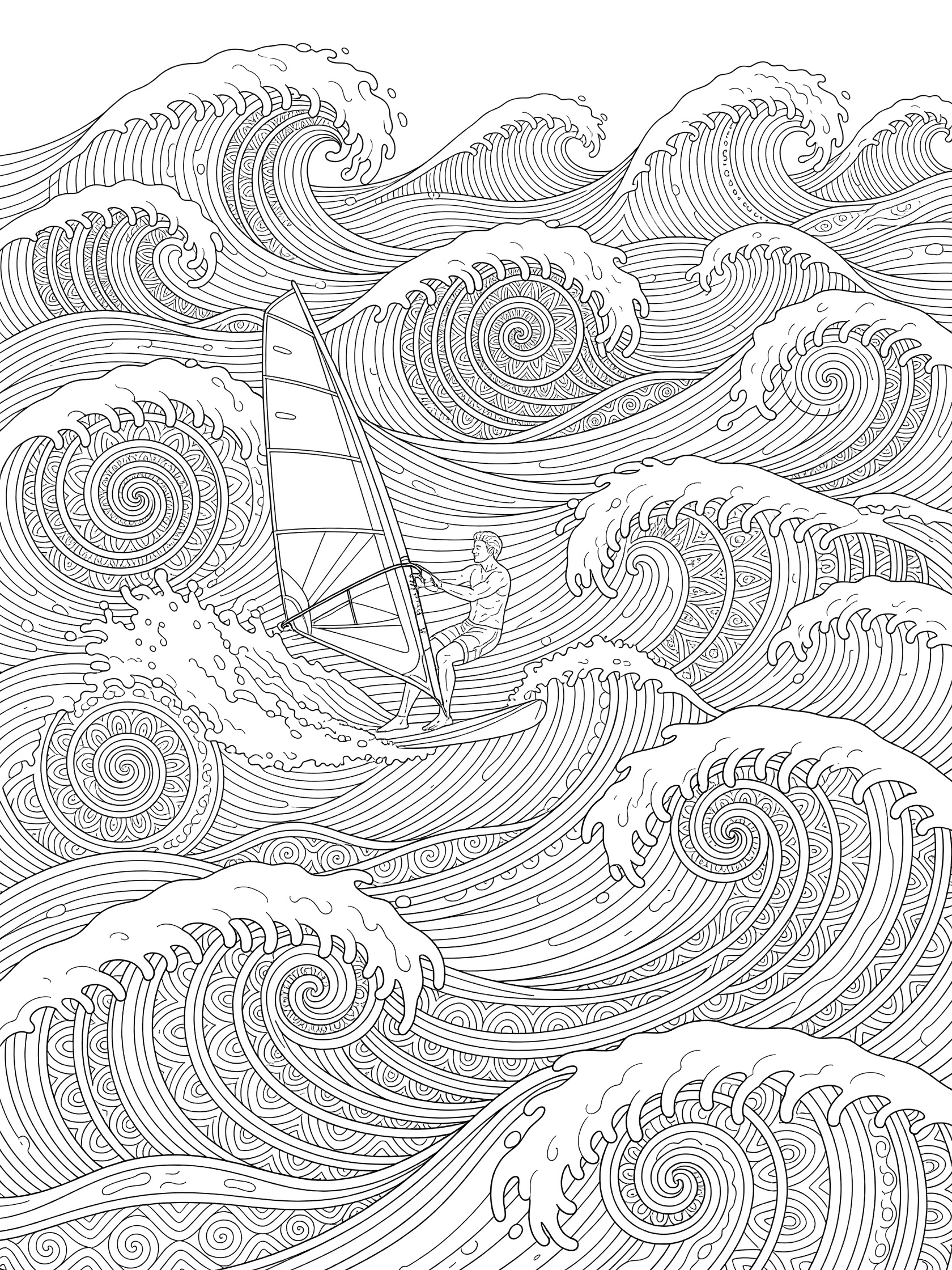 Line art coloring page showing a windsurfer on a board with sail navigating choppy ocean waves in a stormy sea