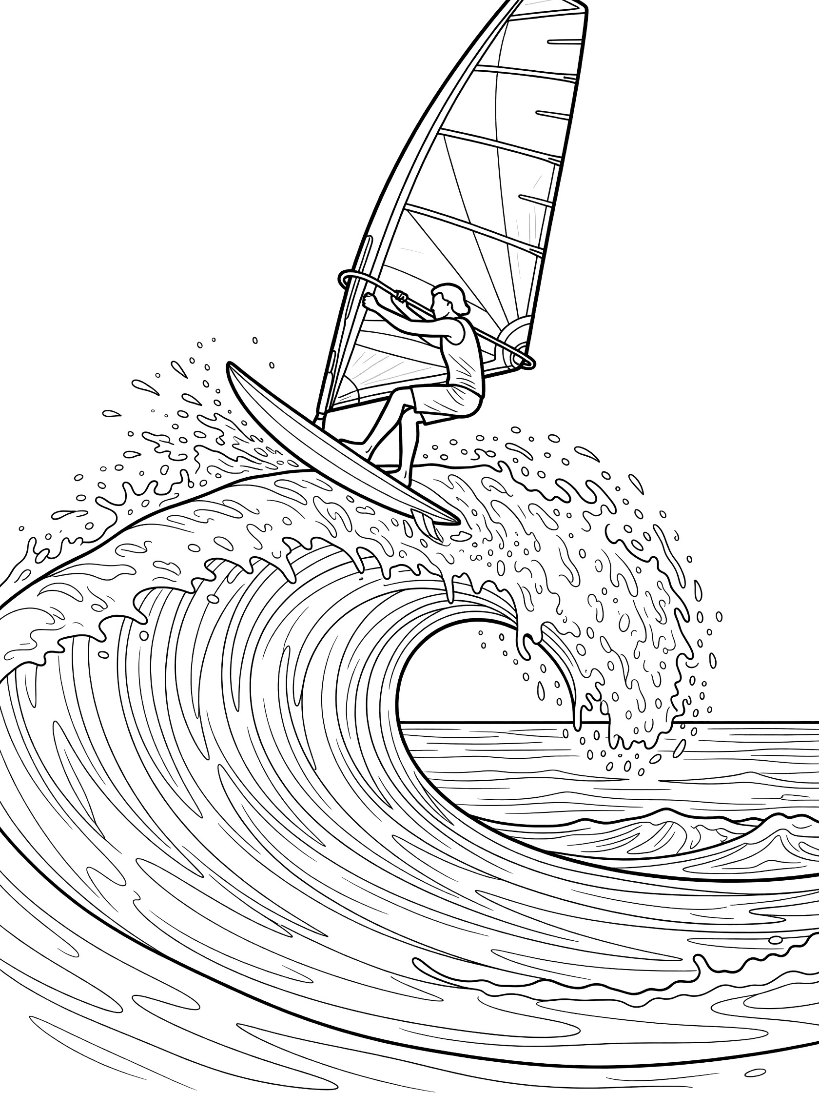 Line art coloring page showing a windsurfer mid-air over a big curling wave, with flared sail, angled board, and water splashes