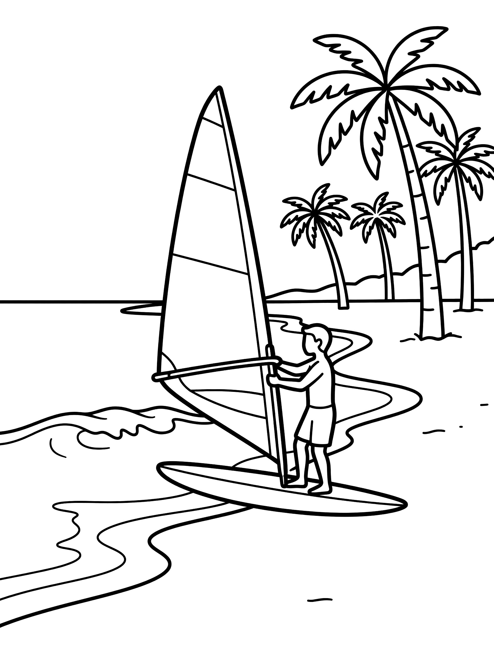 Black and white line art of a windsurfer standing on sandy beach launching large sail on windsurf board near gentle waves and palm trees