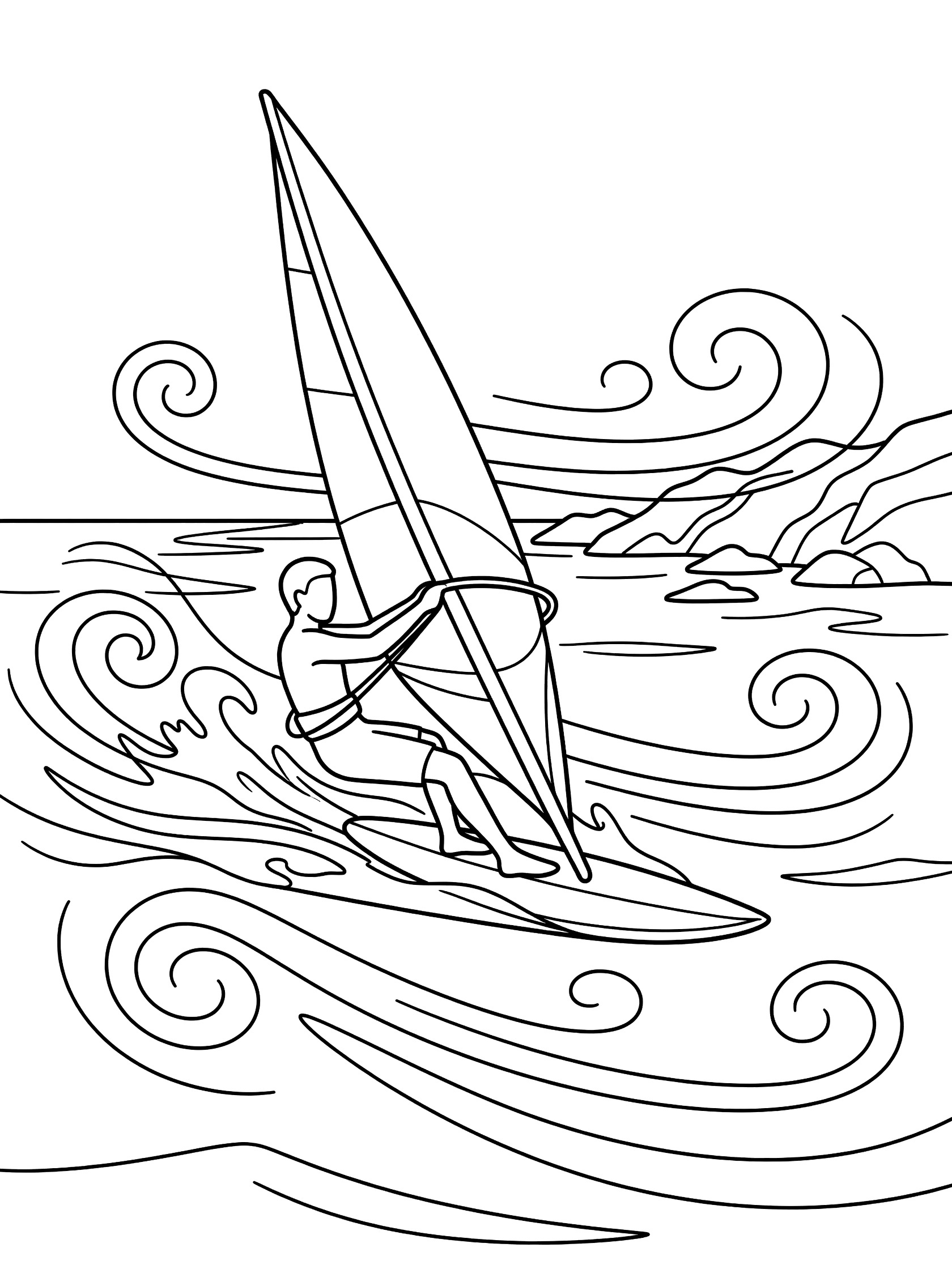 Black and white line art coloring page of windsurfer leaning back in harness against strong swirling wind gusts over ocean waves near rocky coastline