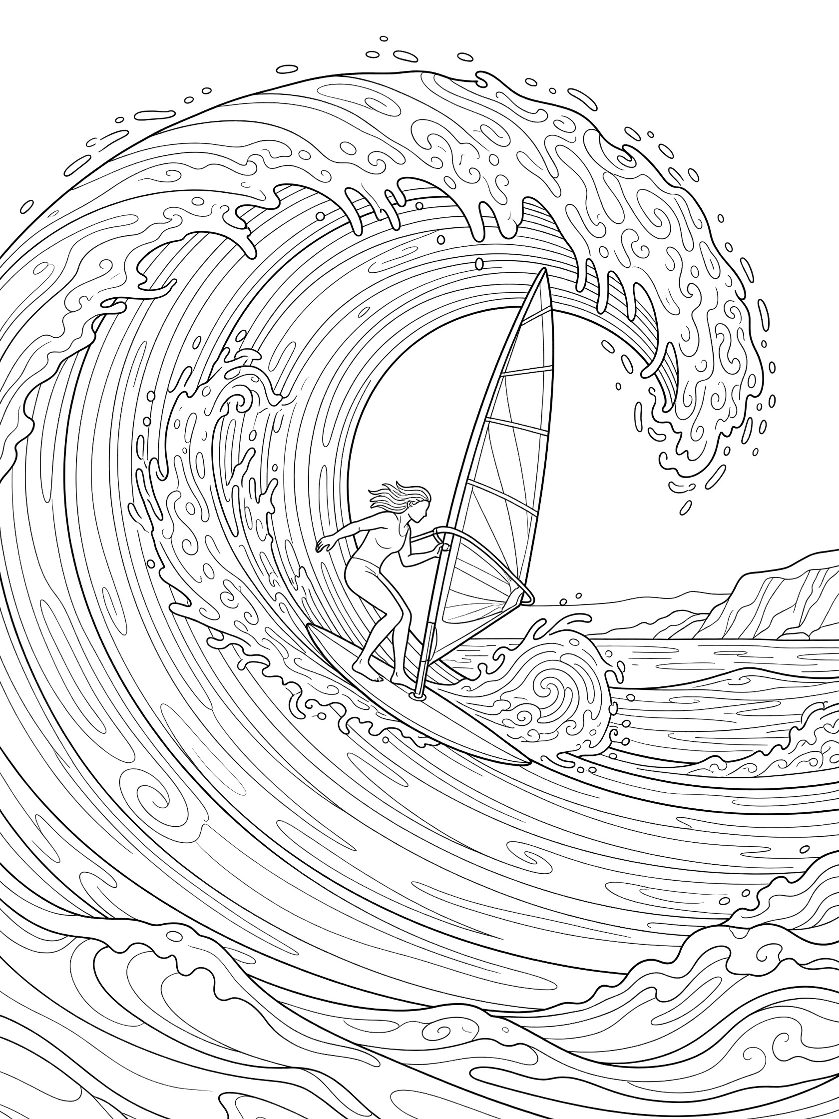 Black and white line art coloring page showing a windsurfer carving down a giant curling wave, holding the sail, board trailing foam in an exciting ocean scene.