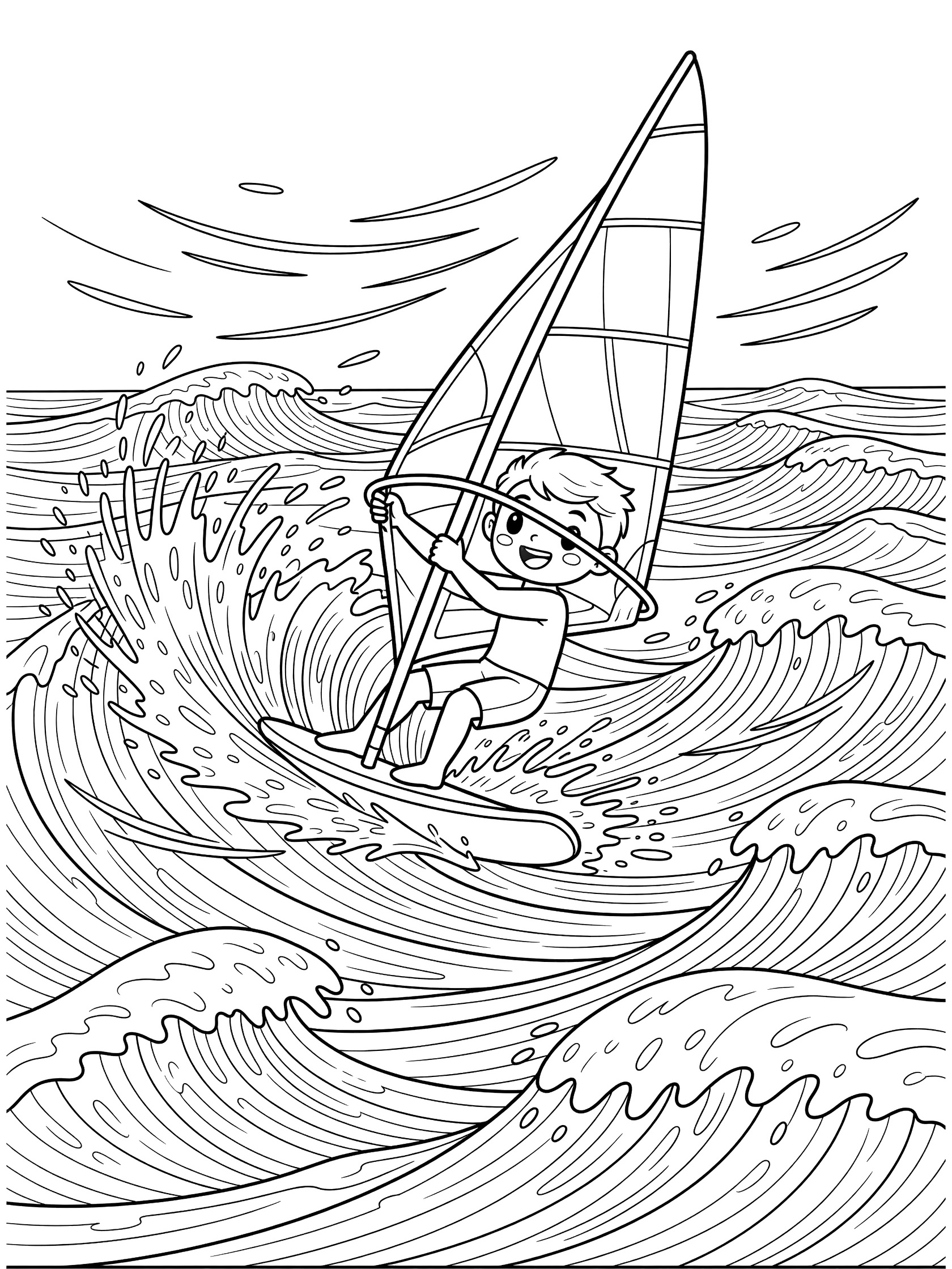 Kawaii style line art of a windsurfer performing a tacking maneuver, pivoting board on ocean waves with wind lines and spray, pure white background.